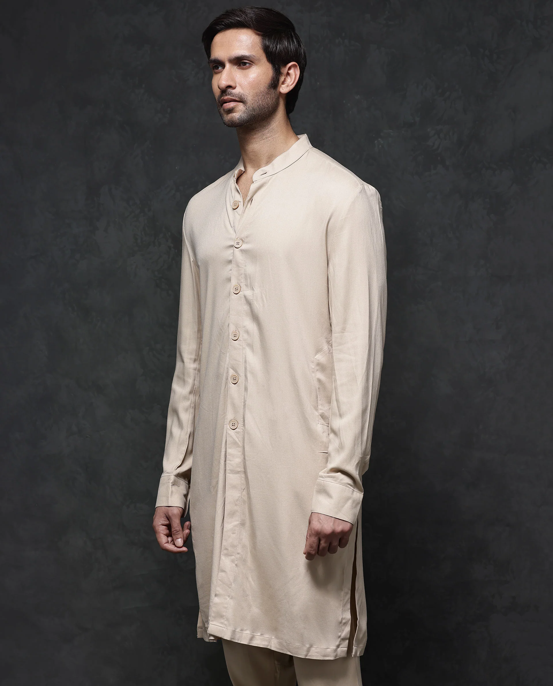 Rare Rabbit Men's Lasmos-K1 Beige Viscose Plain Regular Fit Full Sleeve Mandarin Collar Kurta - Image 4