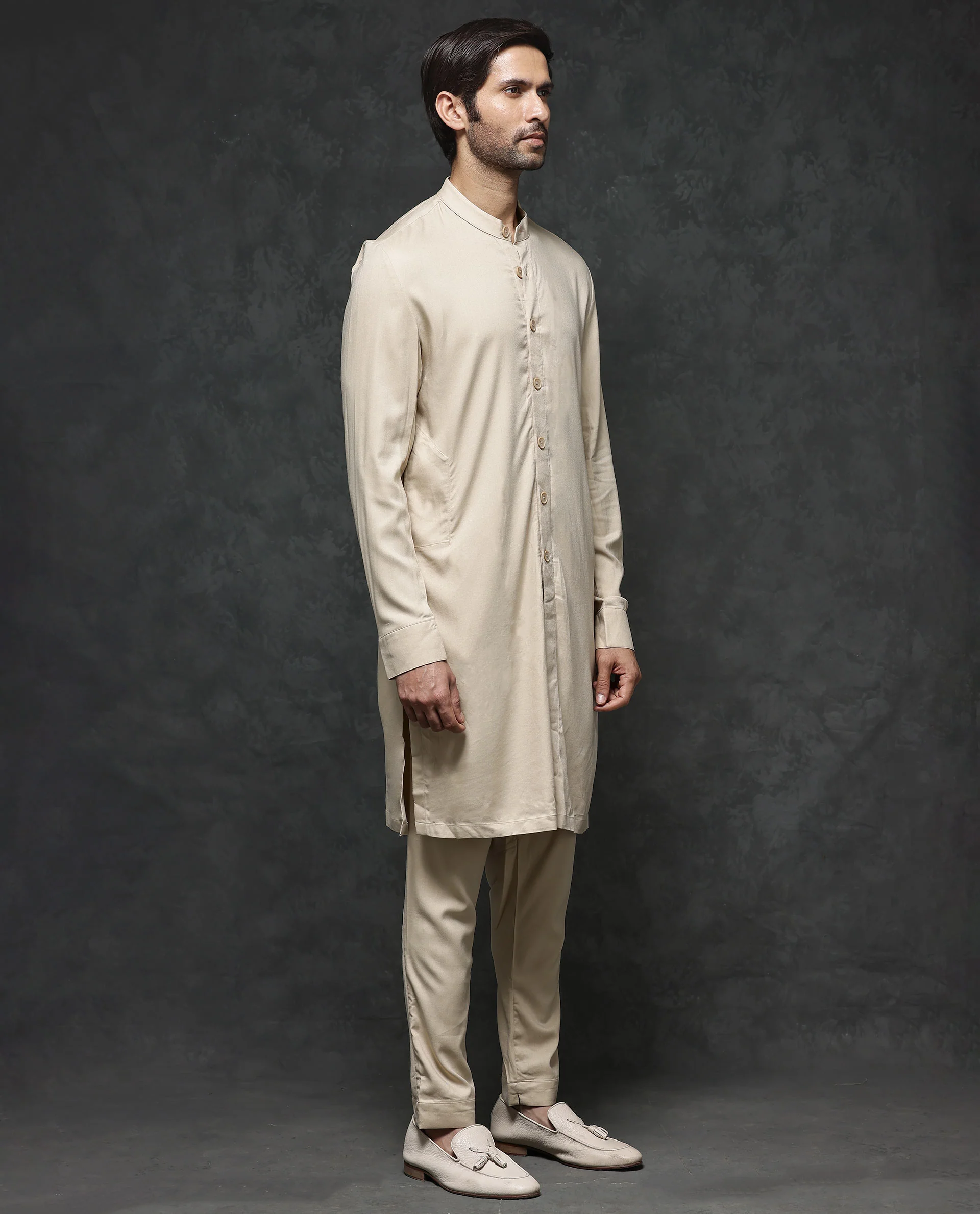 Rare Rabbit Men's Lasmos-K1 Beige Viscose Plain Regular Fit Full Sleeve Mandarin Collar Kurta - Image 5