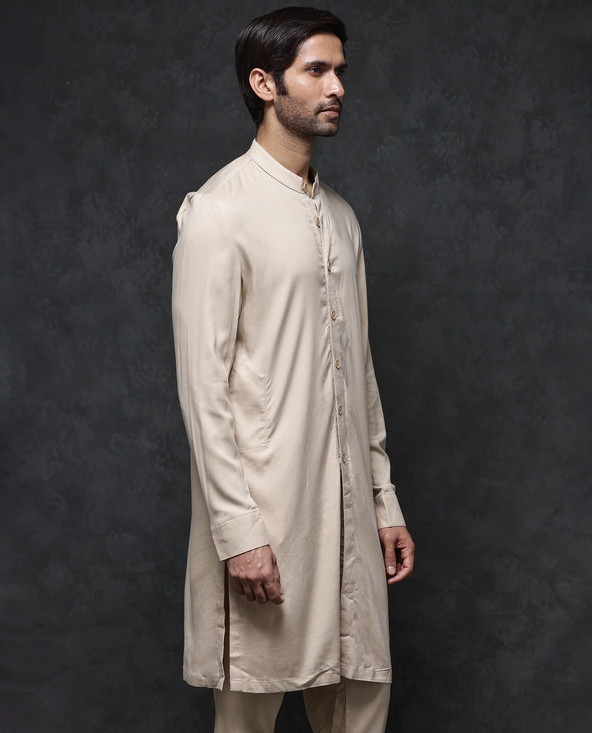 Rare Rabbit Men's Lasmos-K1 Beige Viscose Plain Regular Fit Full Sleeve Mandarin Collar Kurta - Image 6
