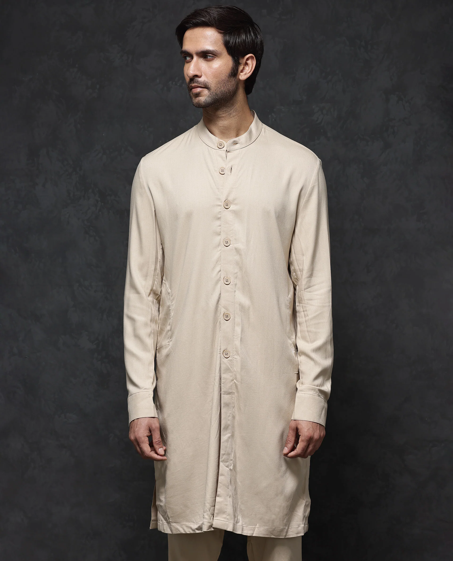 Rare Rabbit Men's Lasmos-K1 Beige Viscose Plain Regular Fit Full Sleeve Mandarin Collar Kurta - Image 7