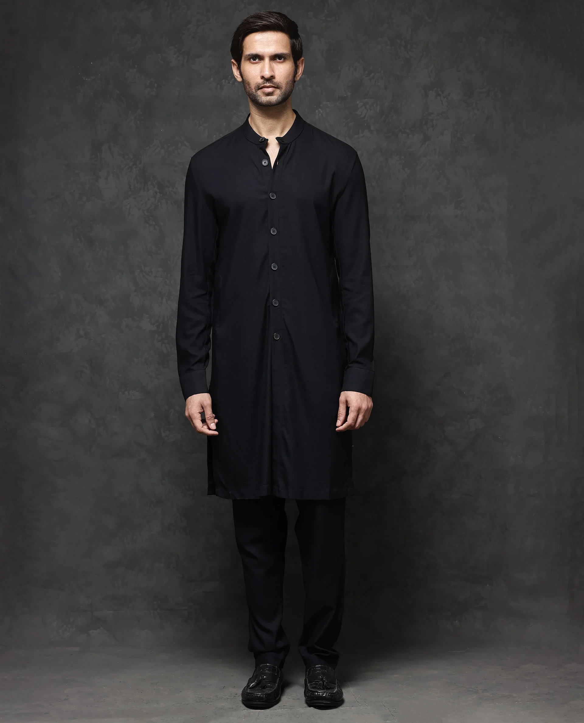 Rare Rabbit Men's Lasmos-K1 Black Viscose Plain Regular Fit Full Sleeve Mandarin Collar Kurta
