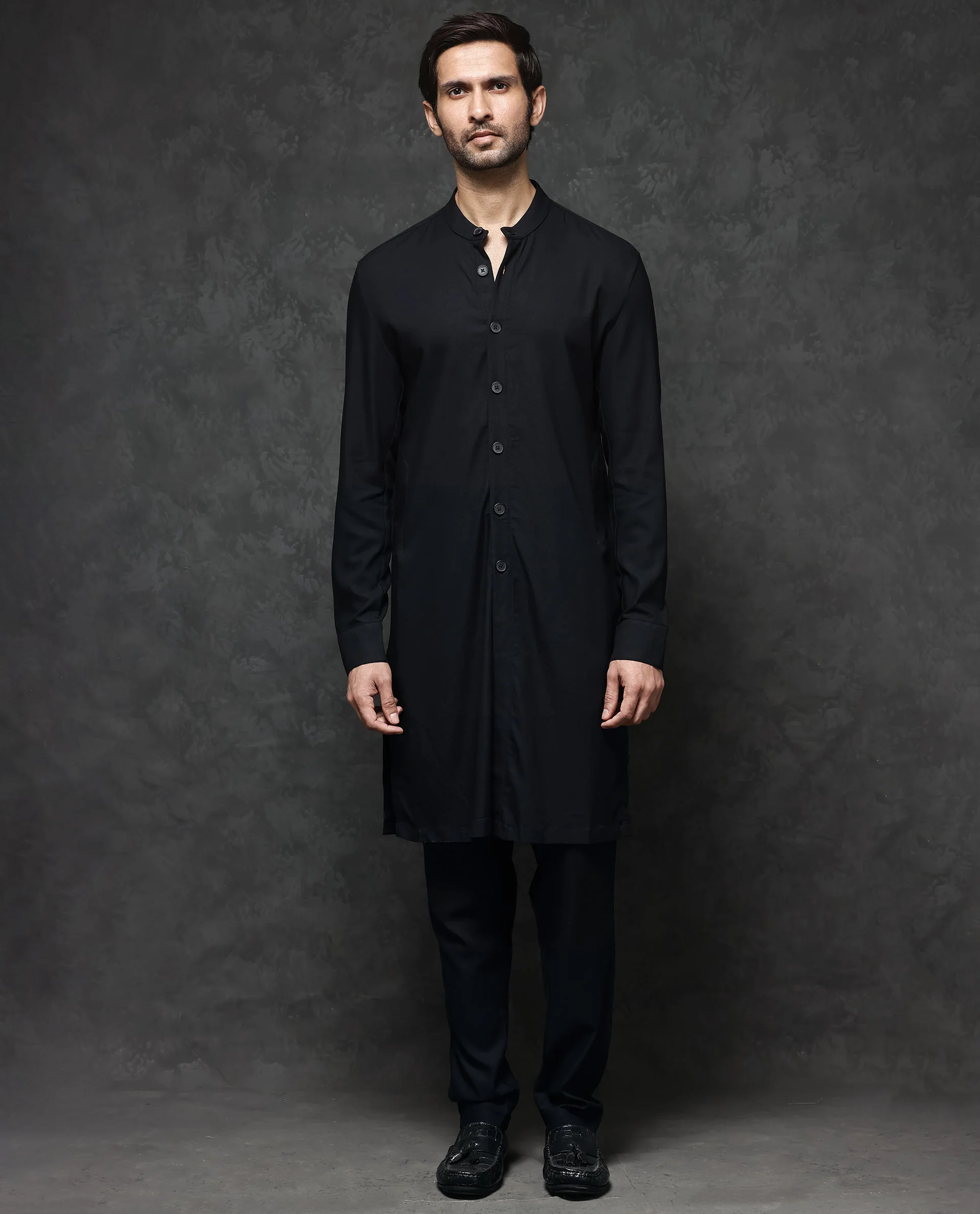 Rare Rabbit Men's Lasmos-K1 Black Viscose Plain Regular Fit Full Sleeve Mandarin Collar Kurta - Image 8