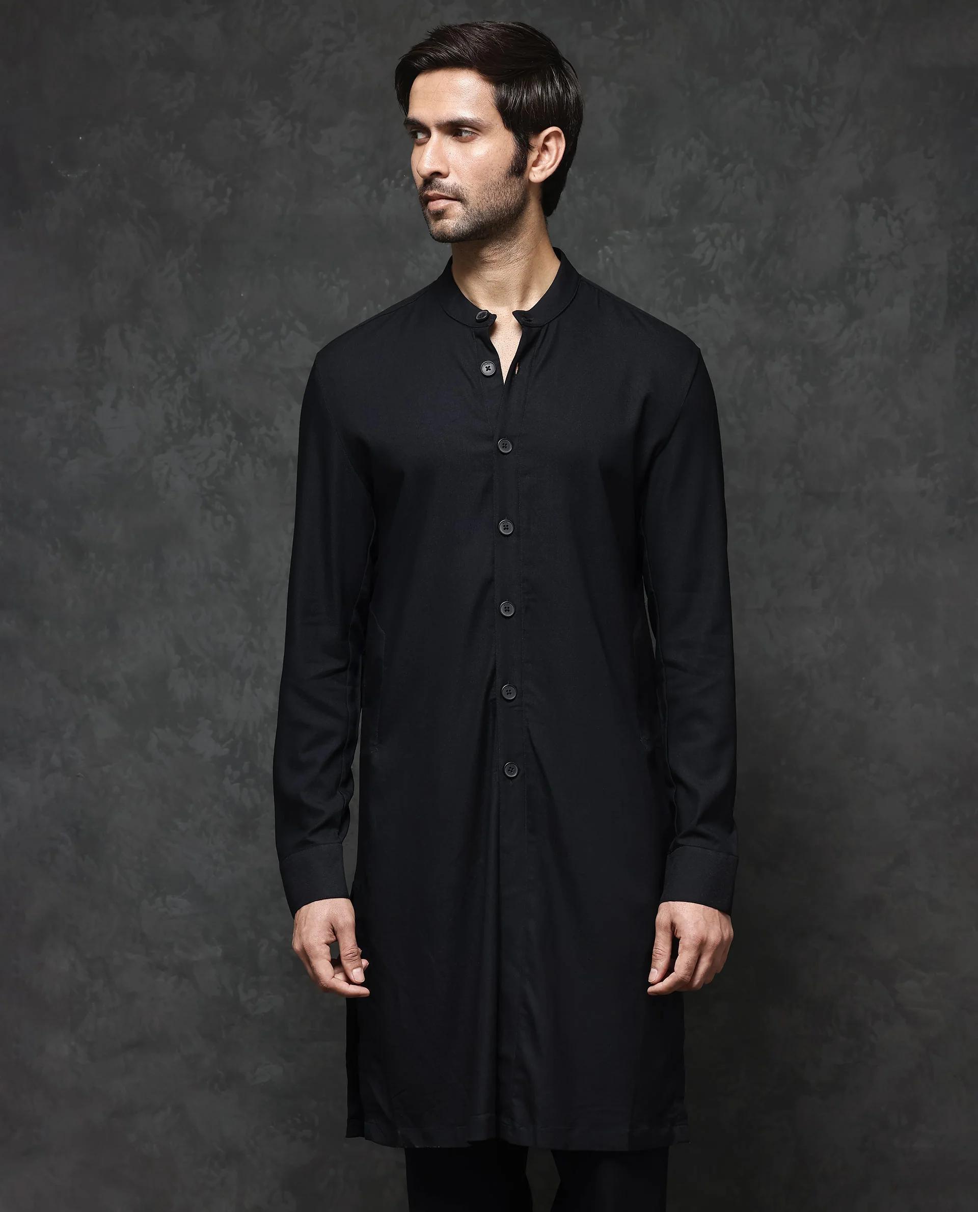 Rare Rabbit Men's Lasmos-K1 Black Viscose Plain Regular Fit Full Sleeve Mandarin Collar Kurta - Image 9