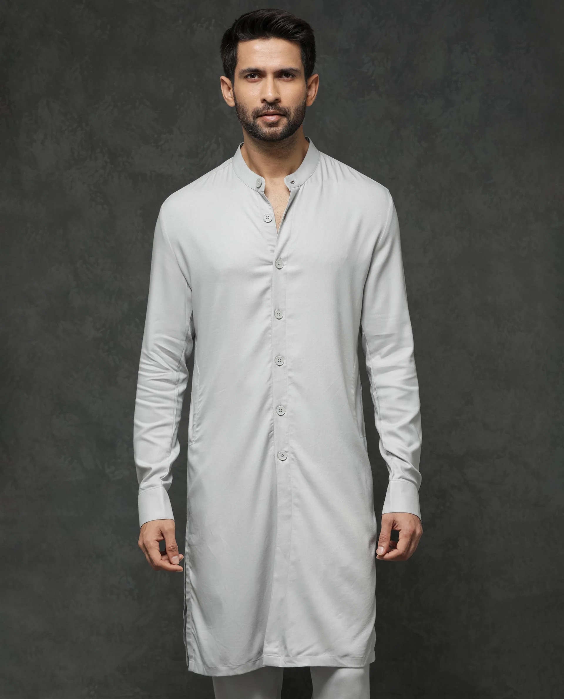 Rare Rabbit Men's Lasmos K1 Light Grey Viscose Plain Regular Fit Full Sleeve Mandarin Collar Kurta