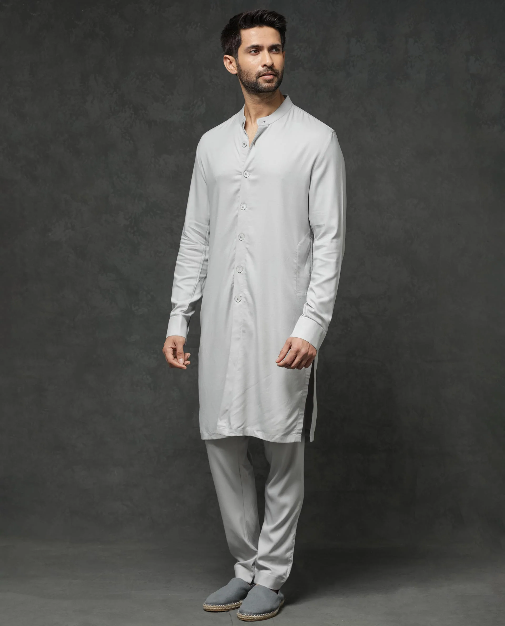 Rare Rabbit Men's Lasmos K1 Light Grey Viscose Plain Regular Fit Full Sleeve Mandarin Collar Kurta - Image 11