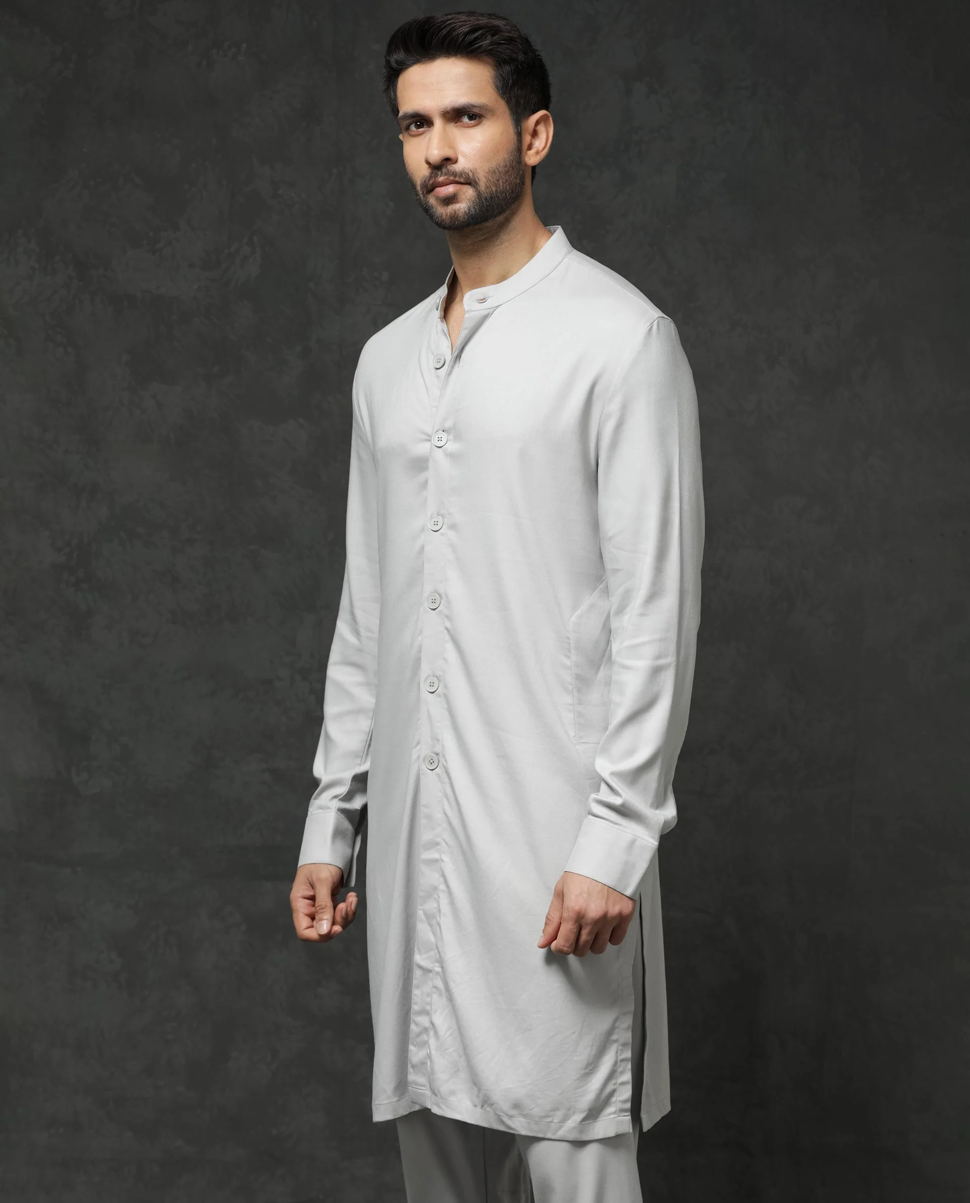 Rare Rabbit Men's Lasmos K1 Light Grey Viscose Plain Regular Fit Full Sleeve Mandarin Collar Kurta - Image 12