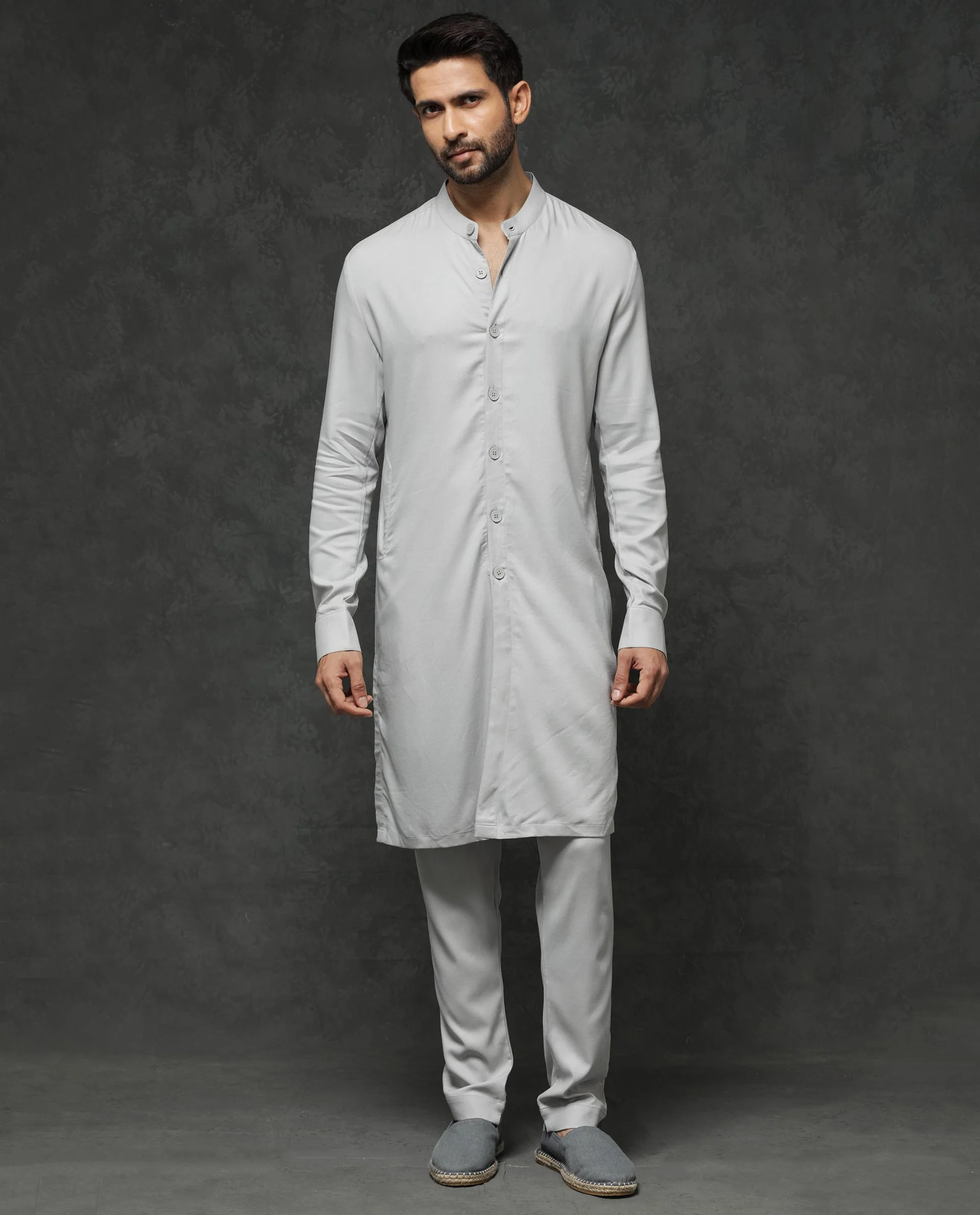 Rare Rabbit Men's Lasmos K1 Light Grey Viscose Plain Regular Fit Full Sleeve Mandarin Collar Kurta - Image 5