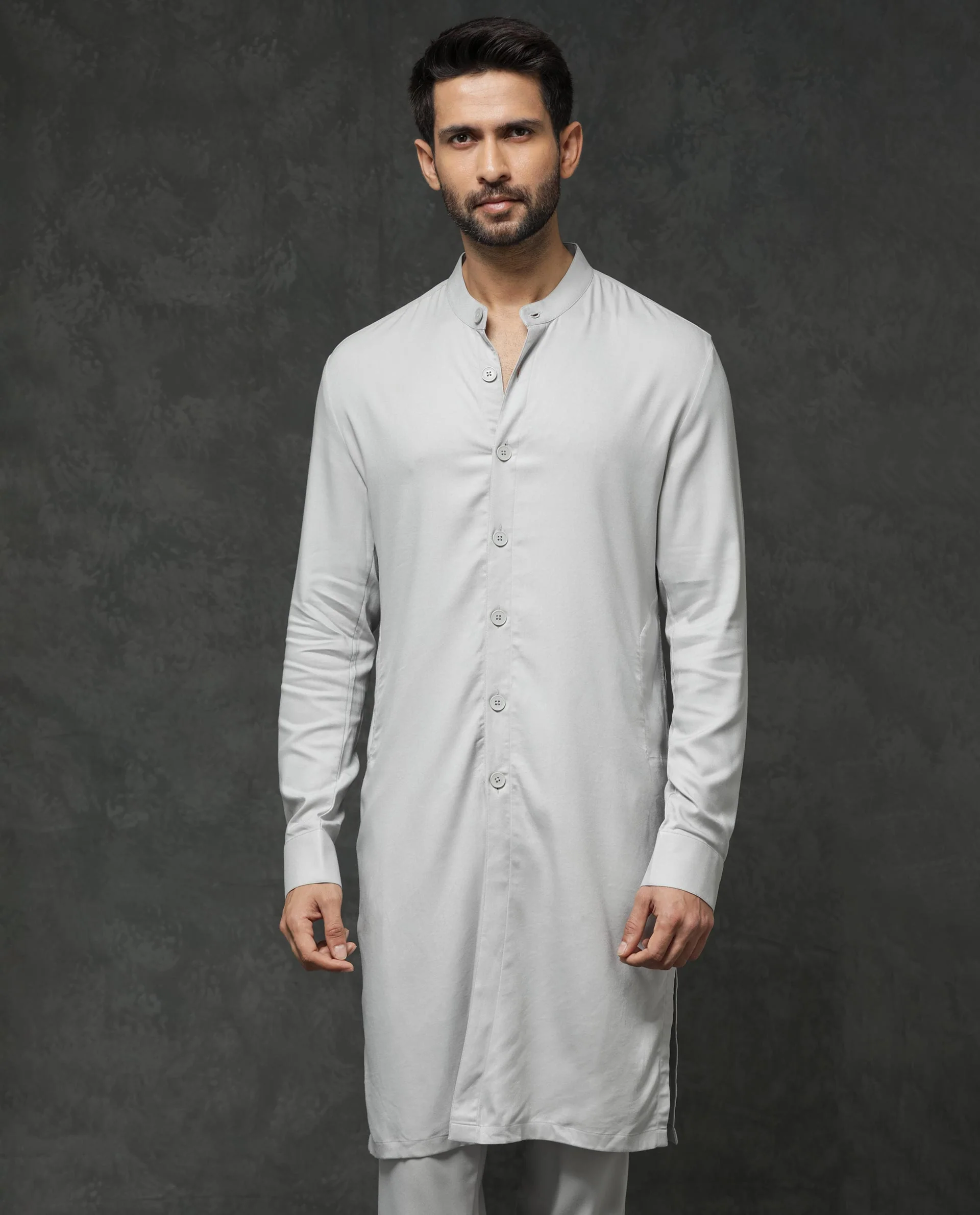 Rare Rabbit Men's Lasmos K1 Light Grey Viscose Plain Regular Fit Full Sleeve Mandarin Collar Kurta - Image 6