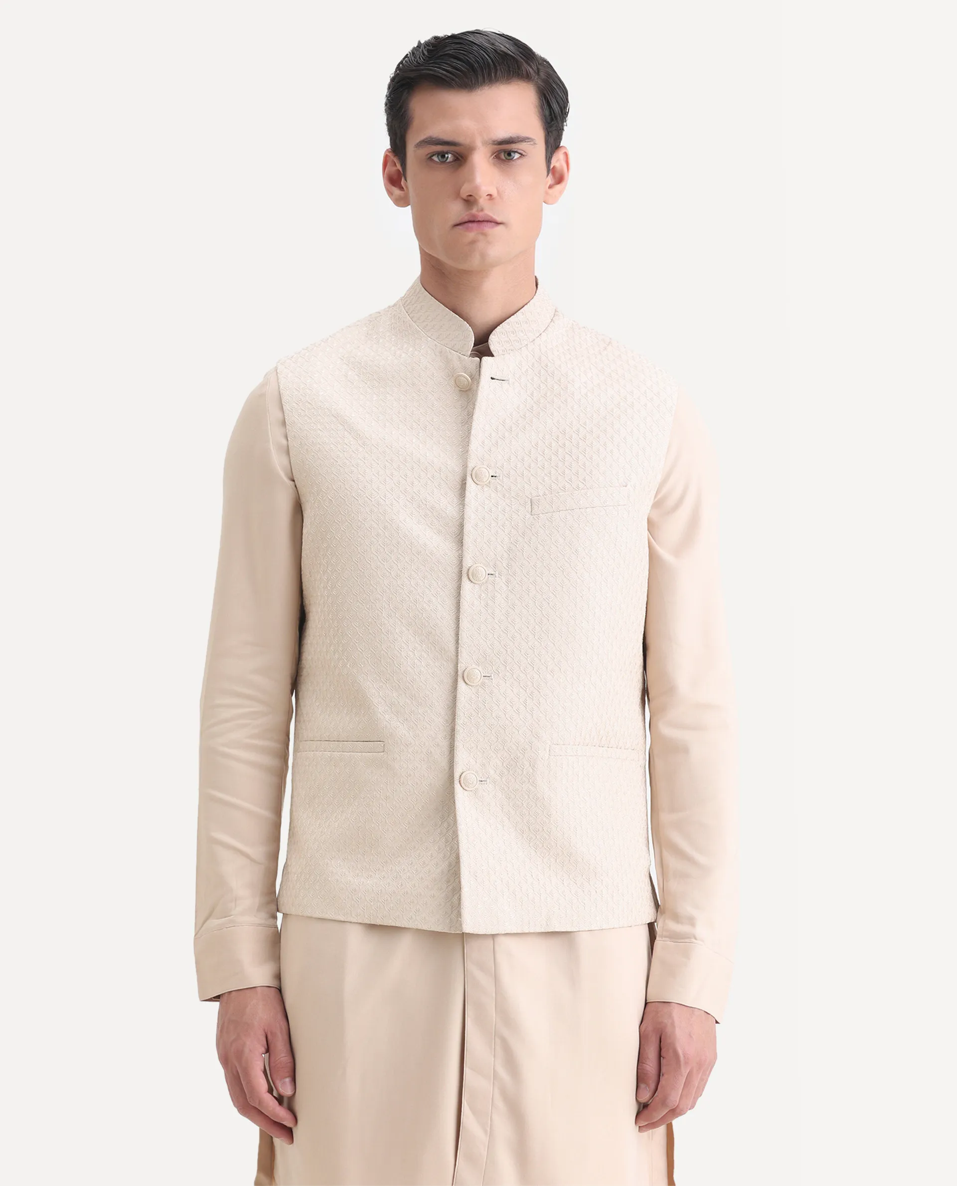 Rare Rabbit Men's Lasmos-Kpb Beige Viscose Embroidered Regular Fit Full Sleeve Mandarin Collar Kurta Suit