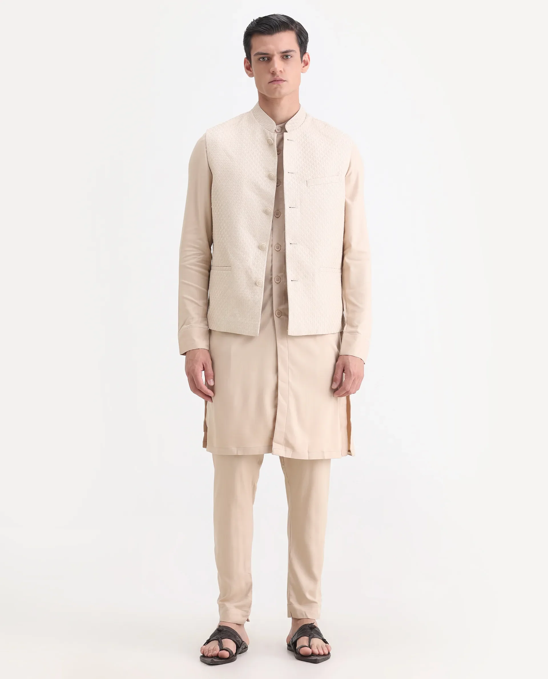 Rare Rabbit Men's Lasmos-Kpb Beige Viscose Embroidered Regular Fit Full Sleeve Mandarin Collar Kurta Suit - Image 2