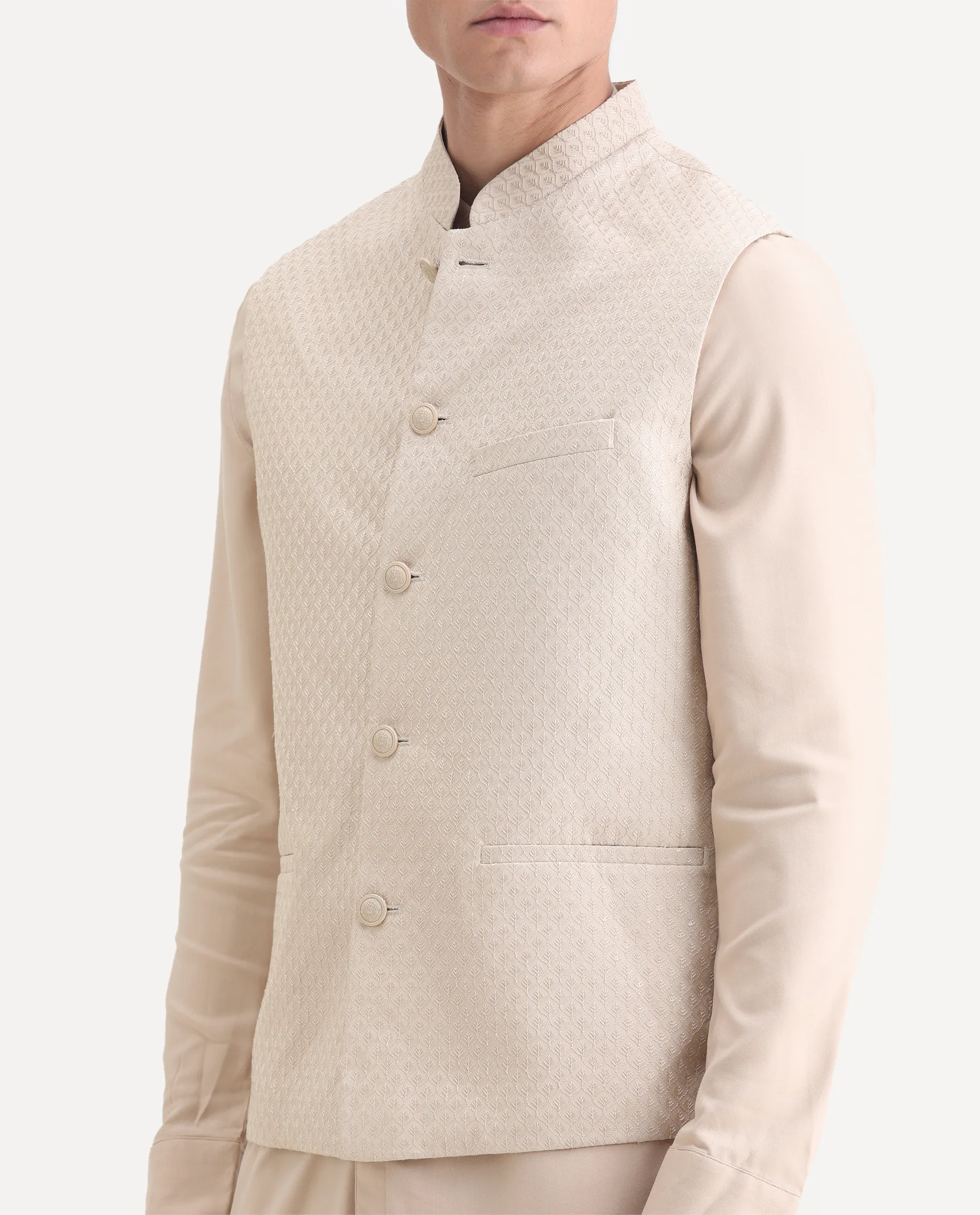 Rare Rabbit Men's Lasmos-Kpb Beige Viscose Embroidered Regular Fit Full Sleeve Mandarin Collar Kurta Suit - Image 3