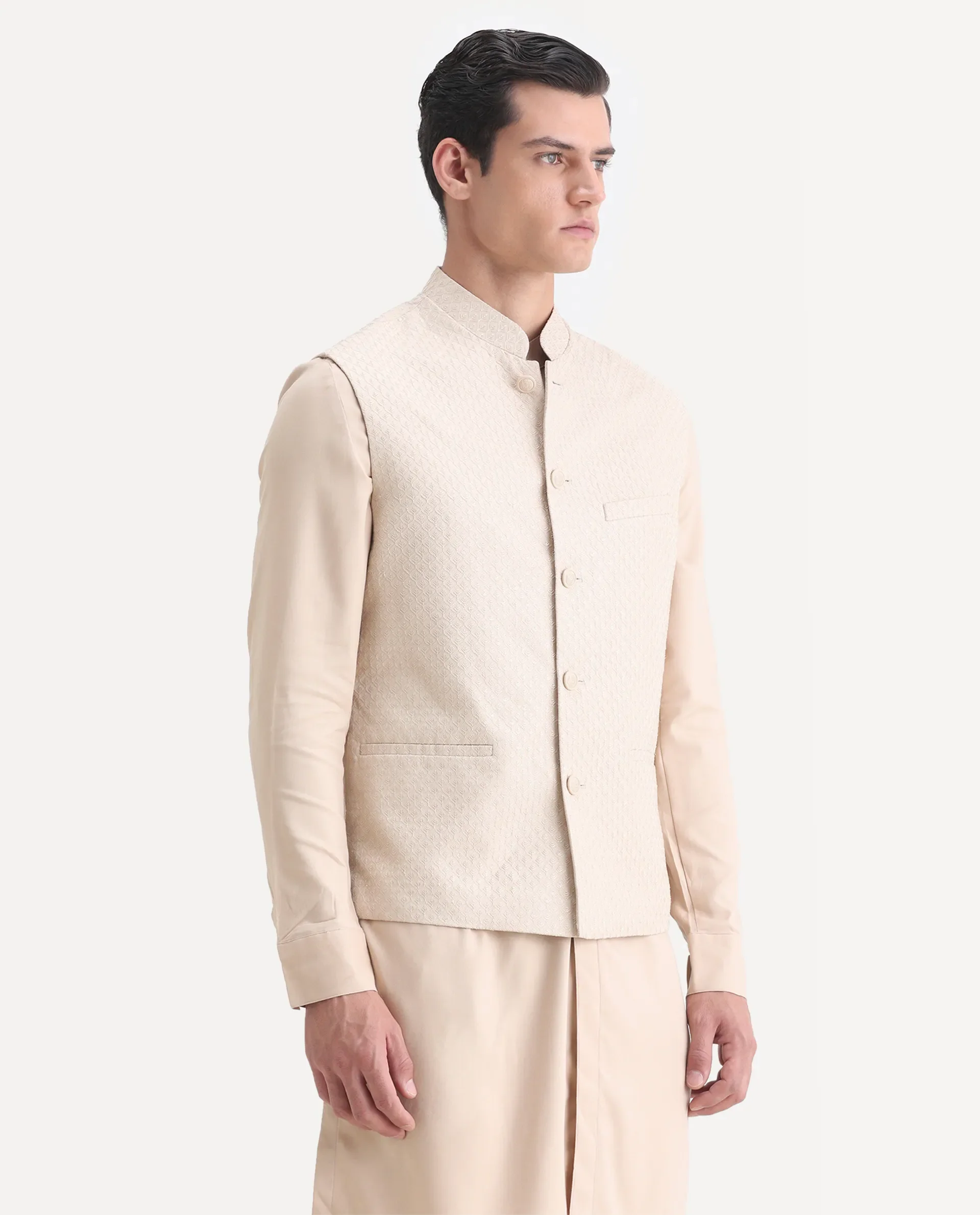Rare Rabbit Men's Lasmos-Kpb Beige Viscose Embroidered Regular Fit Full Sleeve Mandarin Collar Kurta Suit - Image 4