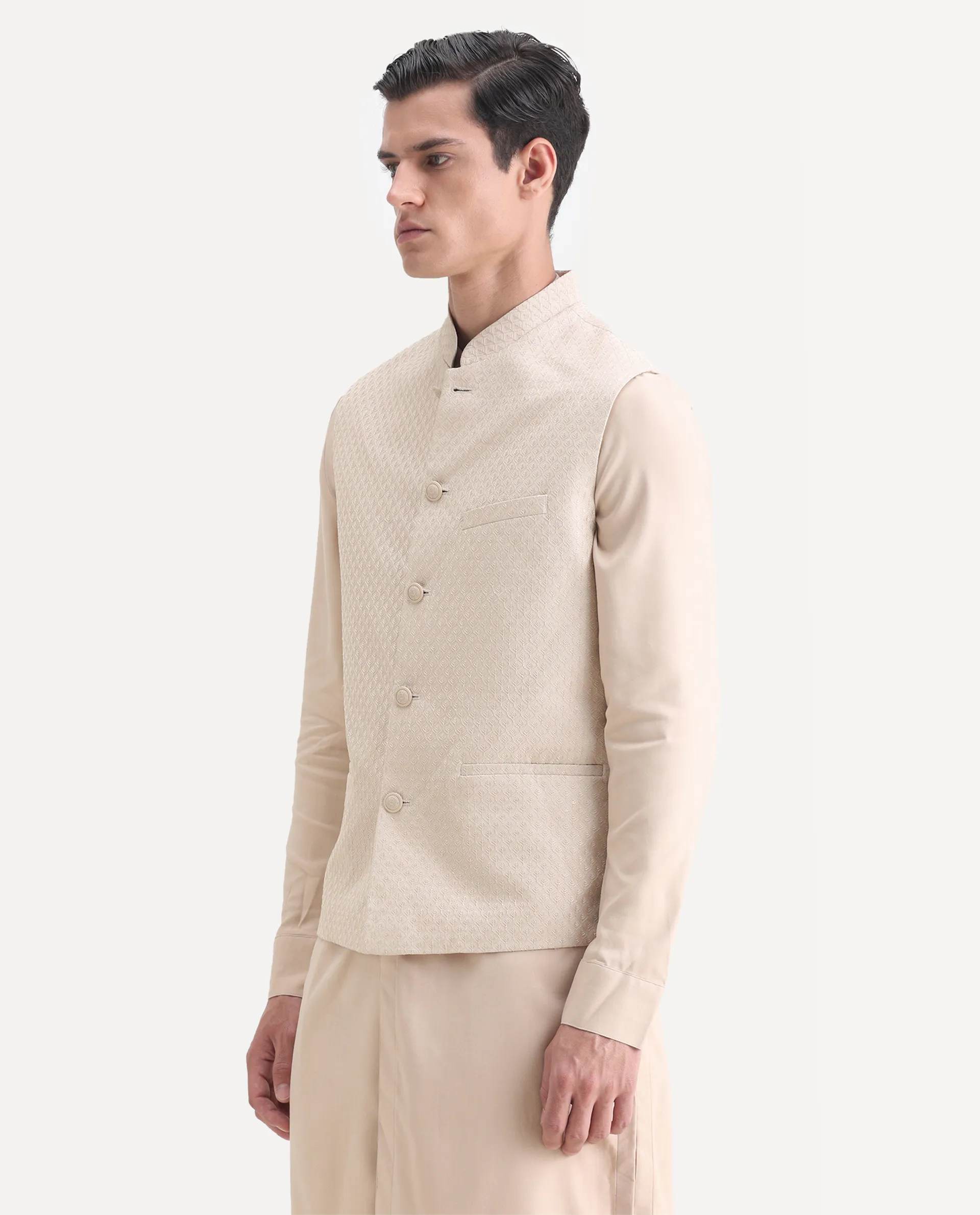 Rare Rabbit Men's Lasmos-Kpb Beige Viscose Embroidered Regular Fit Full Sleeve Mandarin Collar Kurta Suit - Image 5