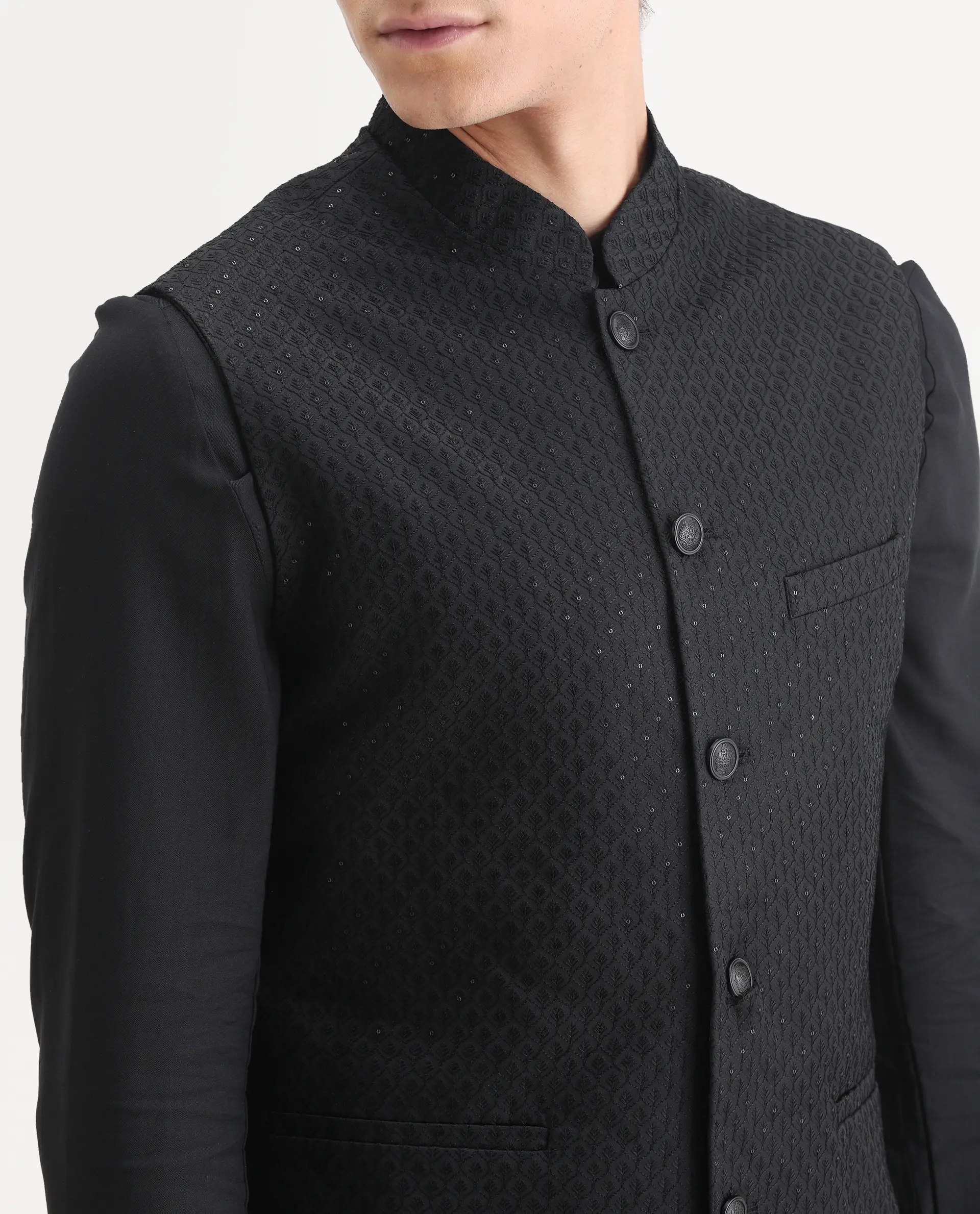 Rare Rabbit Men's Lasmos-Kpb Black Viscose Embroidered Regular Fit Full Sleeve Mandarin Collar Kurta Suit - Image 3