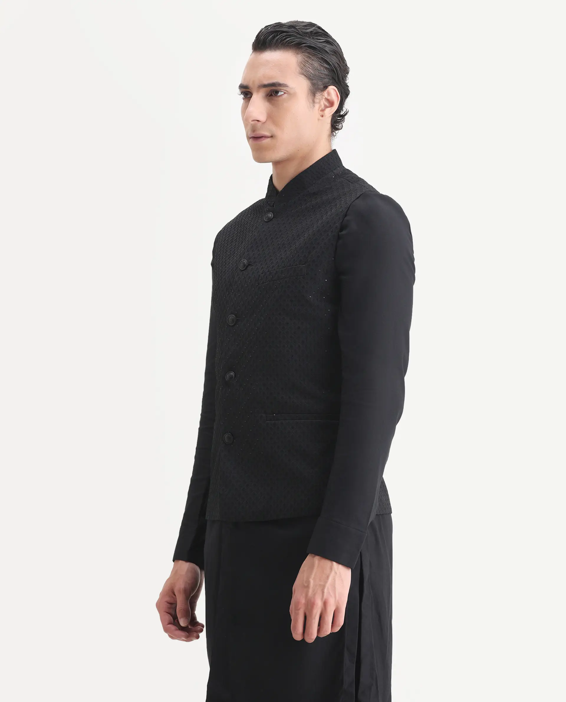 Rare Rabbit Men's Lasmos-Kpb Black Viscose Embroidered Regular Fit Full Sleeve Mandarin Collar Kurta Suit - Image 5