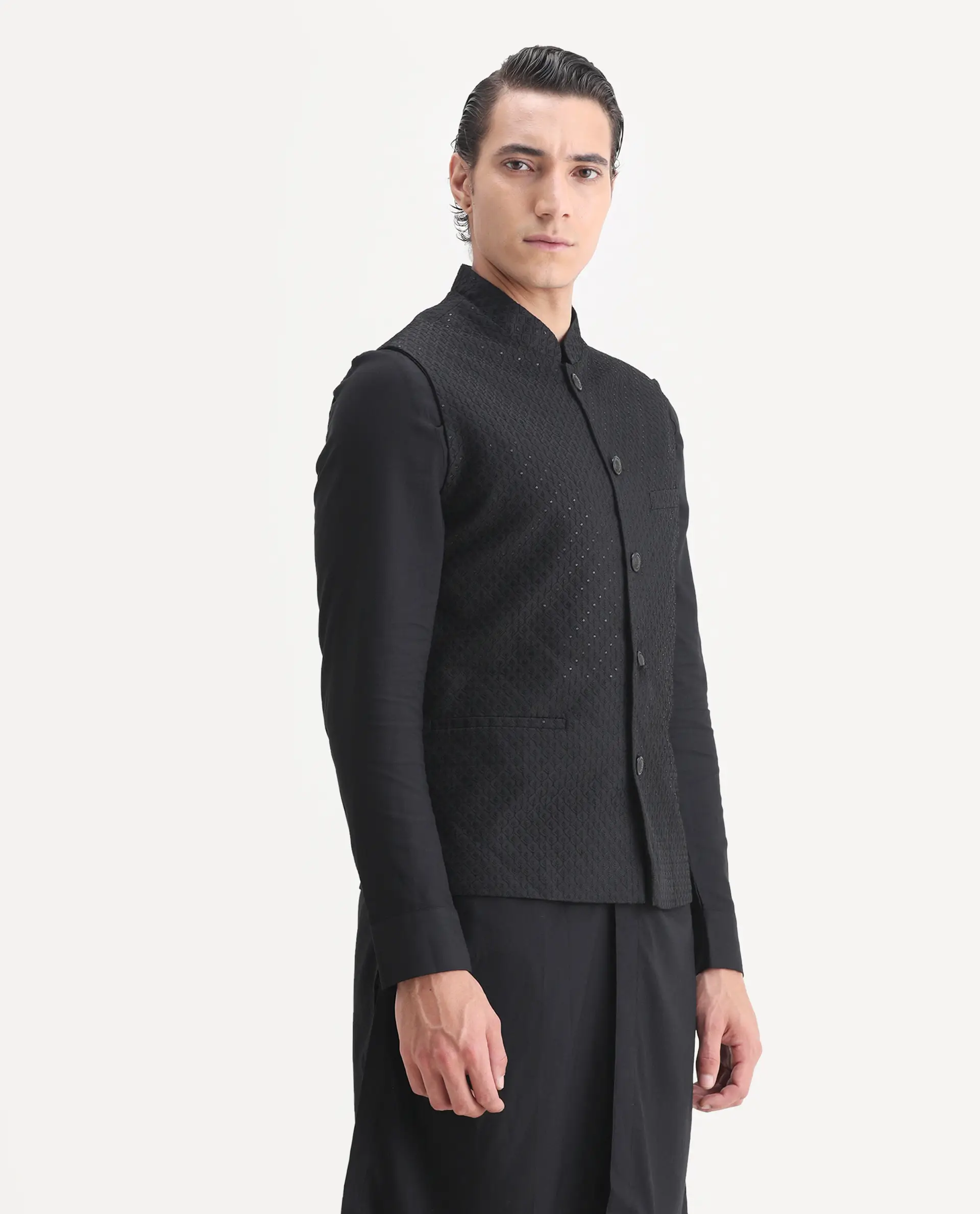 Rare Rabbit Men's Lasmos-Kpb Black Viscose Embroidered Regular Fit Full Sleeve Mandarin Collar Kurta Suit - Image 6