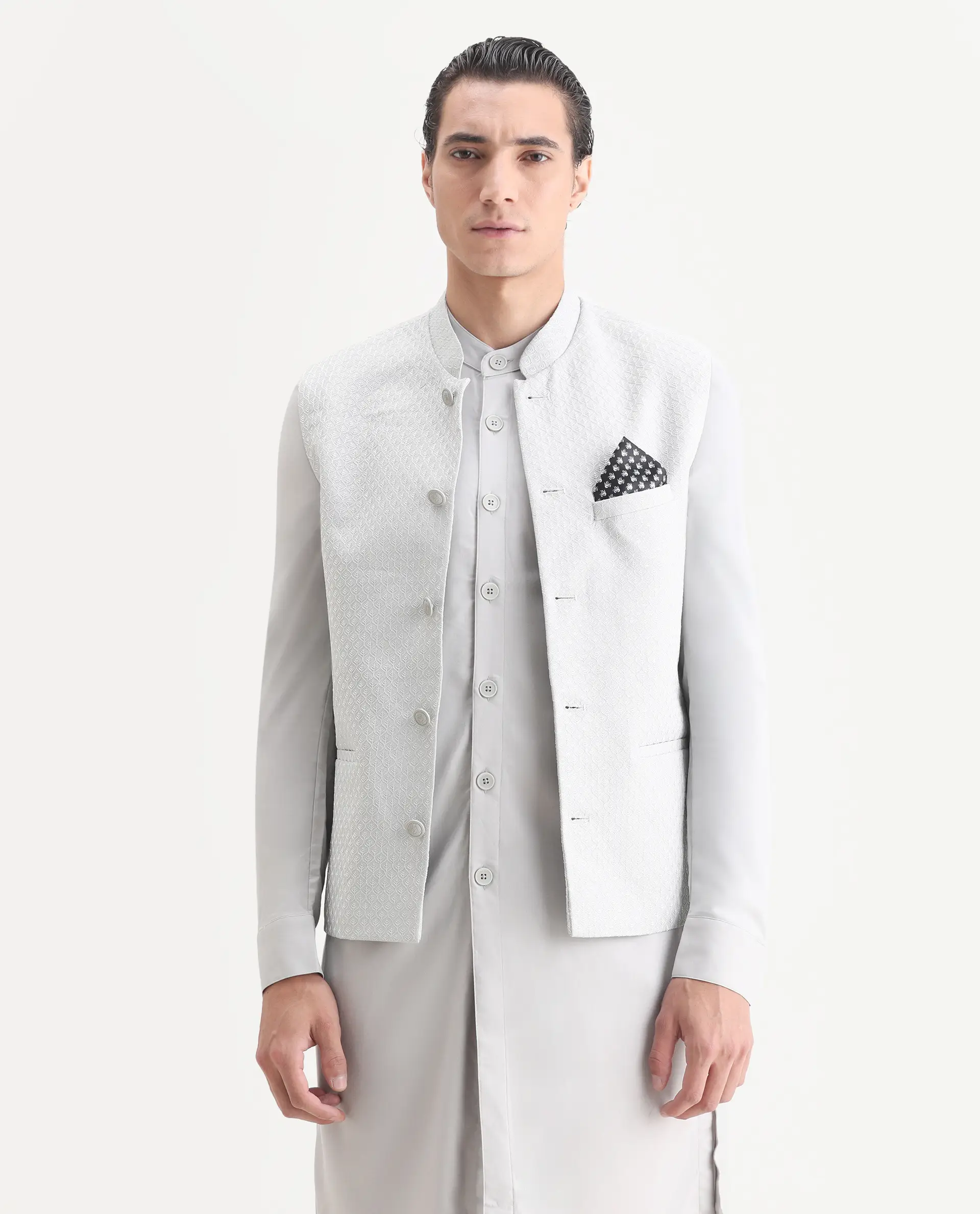Rare Rabbit Men's Lasmos Kpb Light Grey Viscose Embroidered Regular Fit Full Sleeve Mandarin Collar Kurta Suit - Image 2