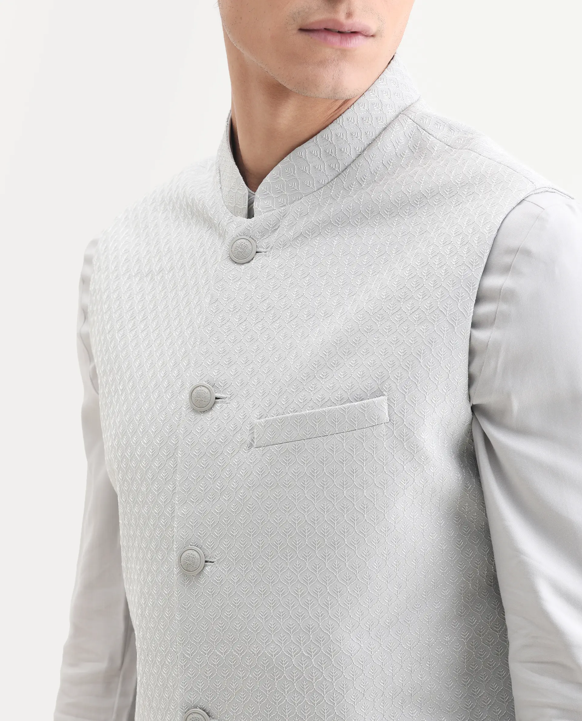 Rare Rabbit Men's Lasmos Kpb Light Grey Viscose Embroidered Regular Fit Full Sleeve Mandarin Collar Kurta Suit - Image 3