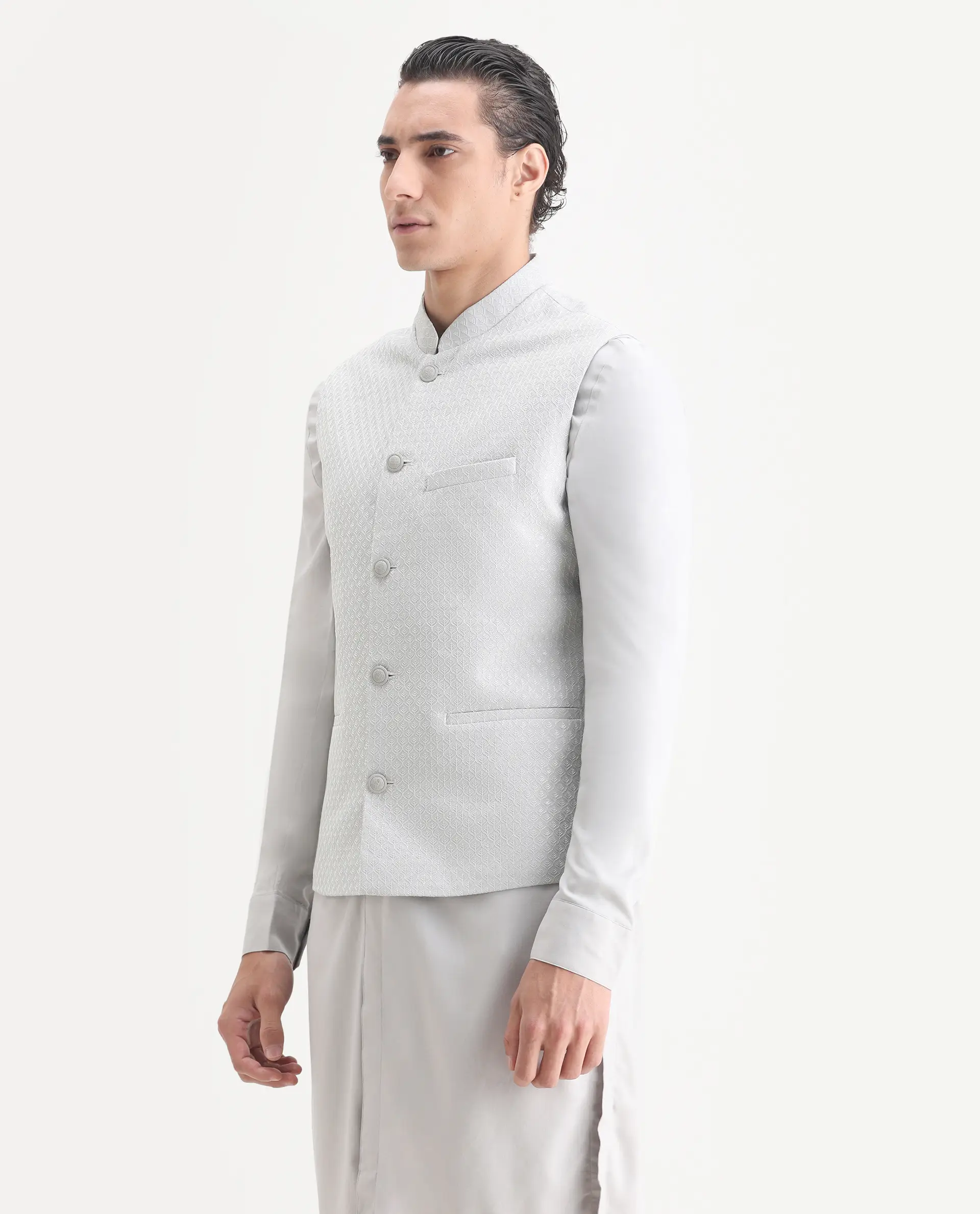 Rare Rabbit Men's Lasmos Kpb Light Grey Viscose Embroidered Regular Fit Full Sleeve Mandarin Collar Kurta Suit - Image 4