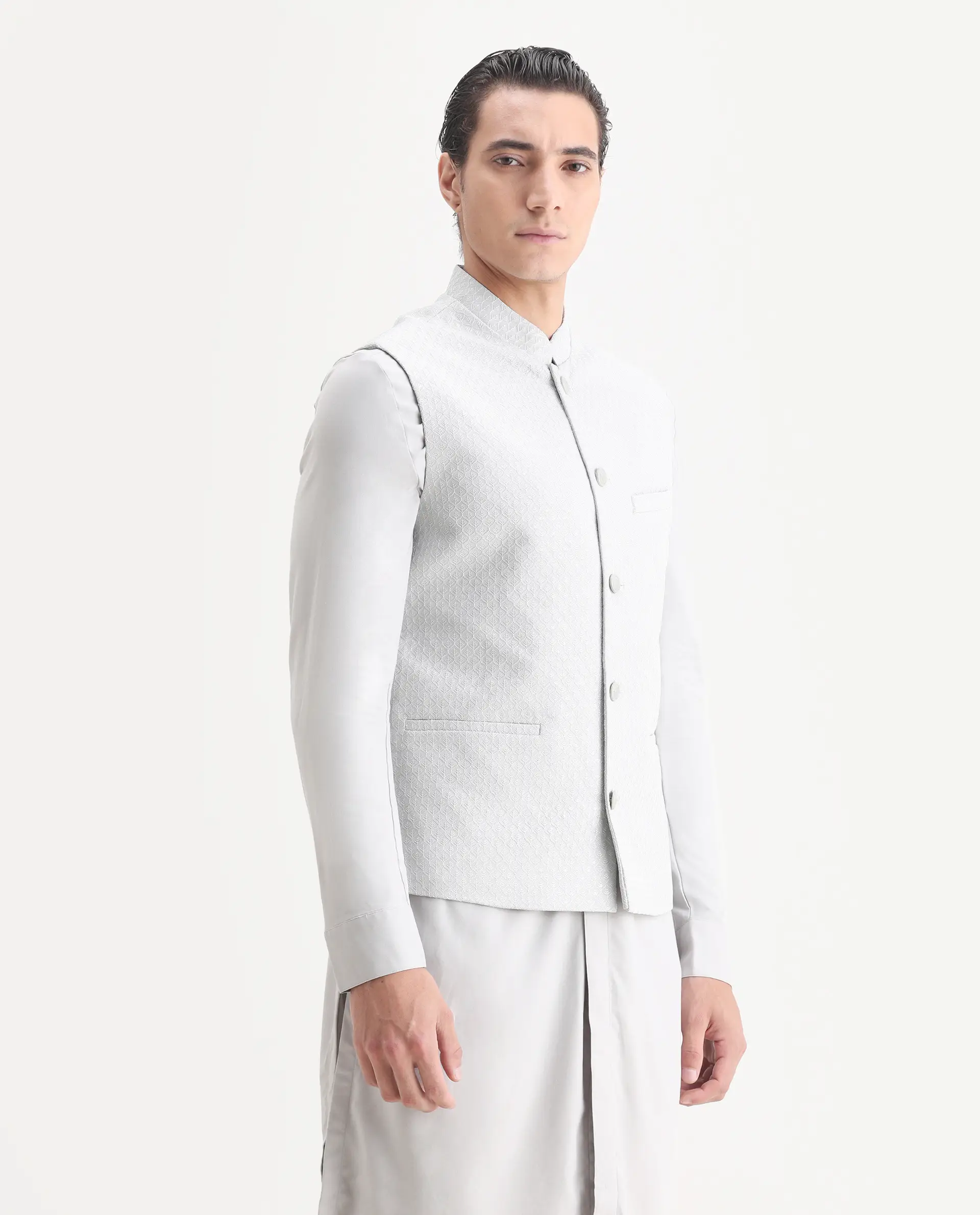 Rare Rabbit Men's Lasmos Kpb Light Grey Viscose Embroidered Regular Fit Full Sleeve Mandarin Collar Kurta Suit - Image 6