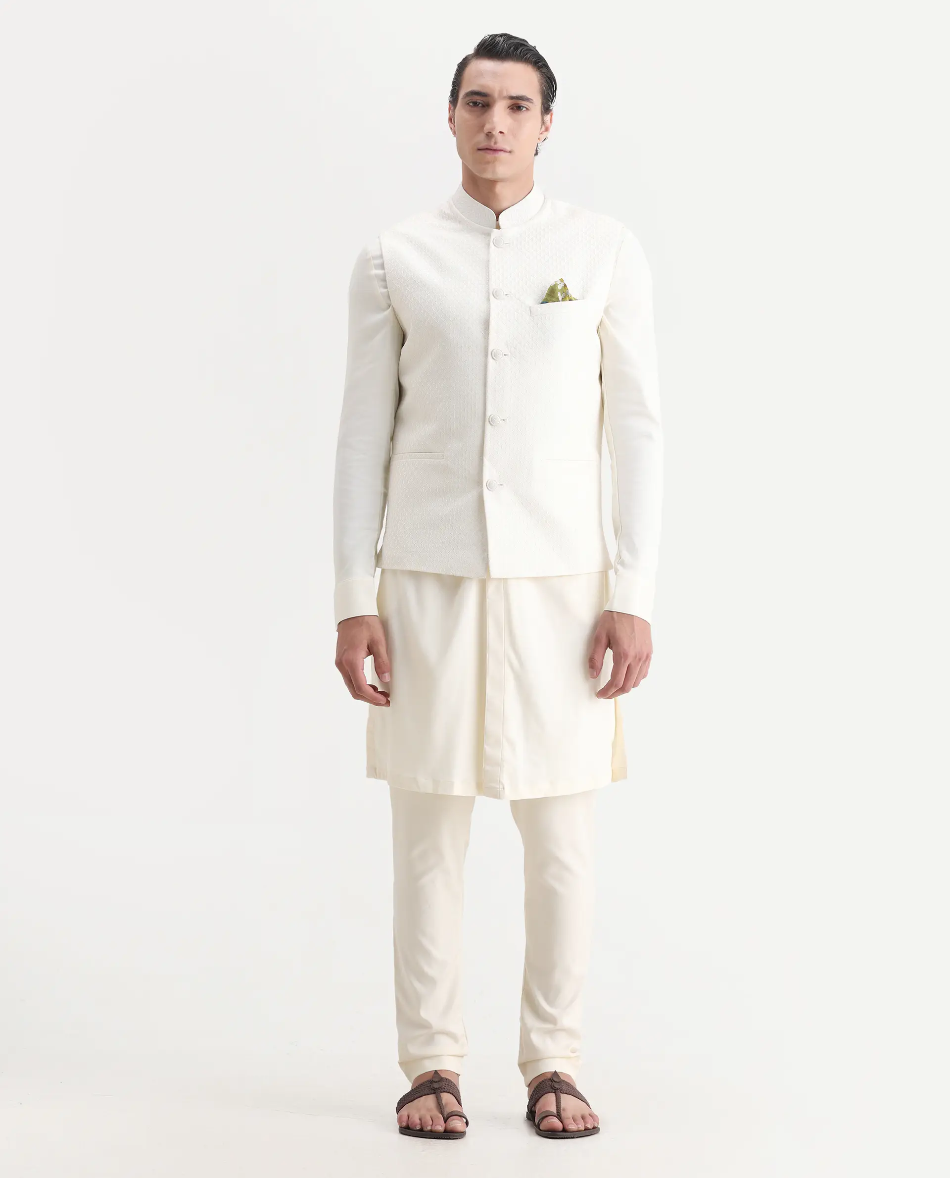 Rare Rabbit Men's Lasmos Kpb Off White Viscose Embroidered Regular Fit Full Sleeve Mandarin Collar Kurta Suit
