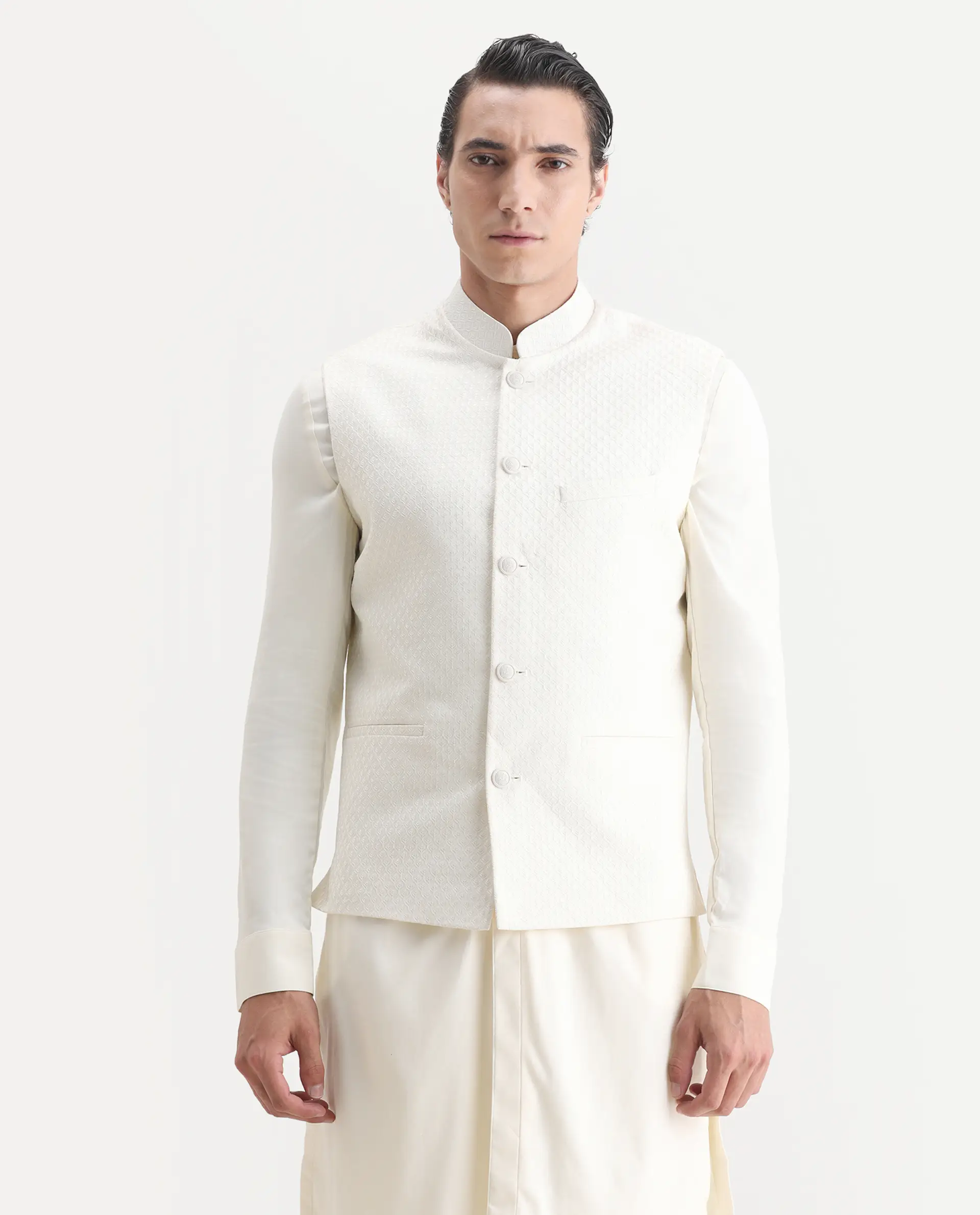 Rare Rabbit Men's Lasmos Kpb Off White Viscose Embroidered Regular Fit Full Sleeve Mandarin Collar Kurta Suit - Image 6