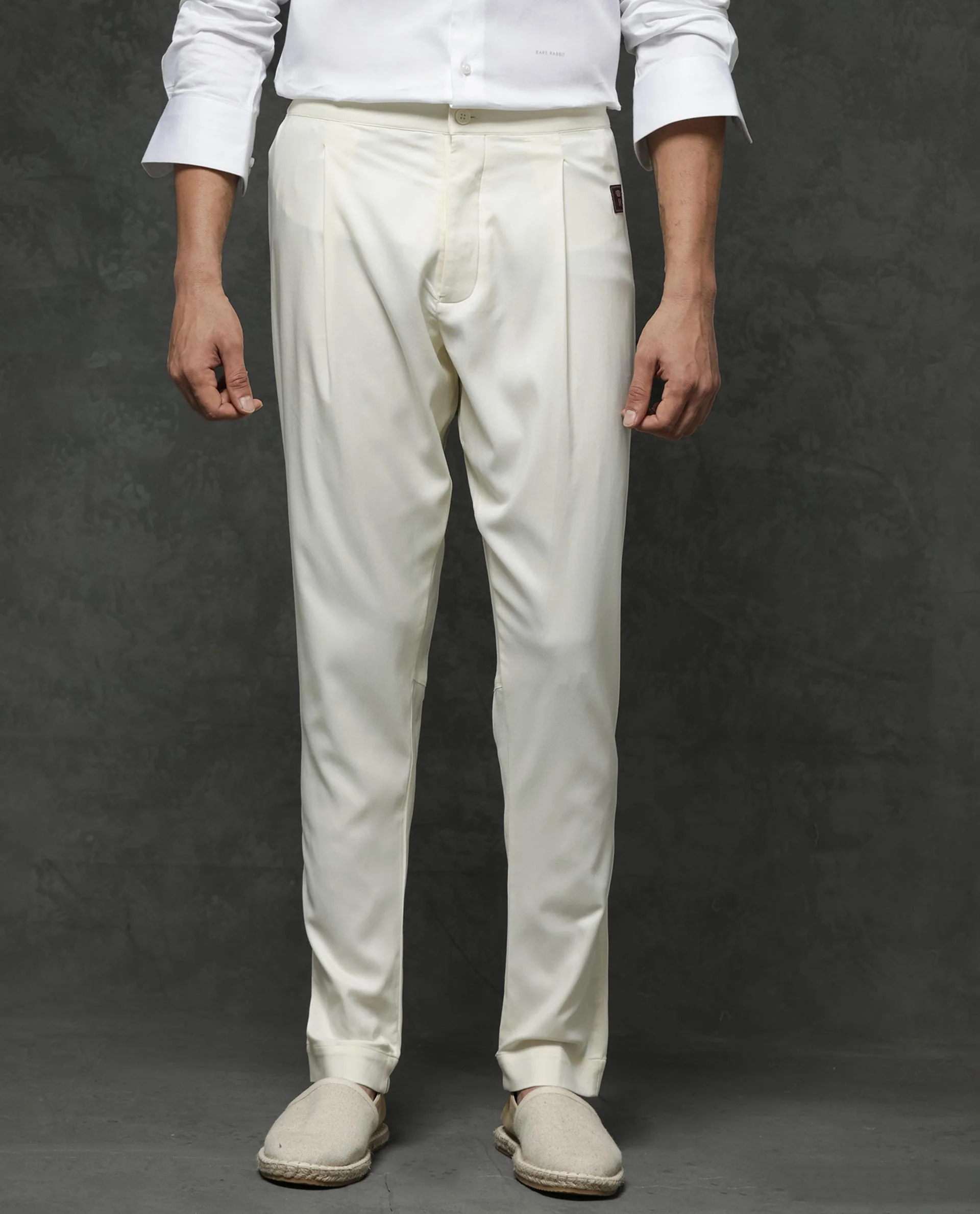 Rare Rabbit Men's Guild Festive Lasmos P1 Off White Viscose Plain Slim Fit Pajama - Image 3