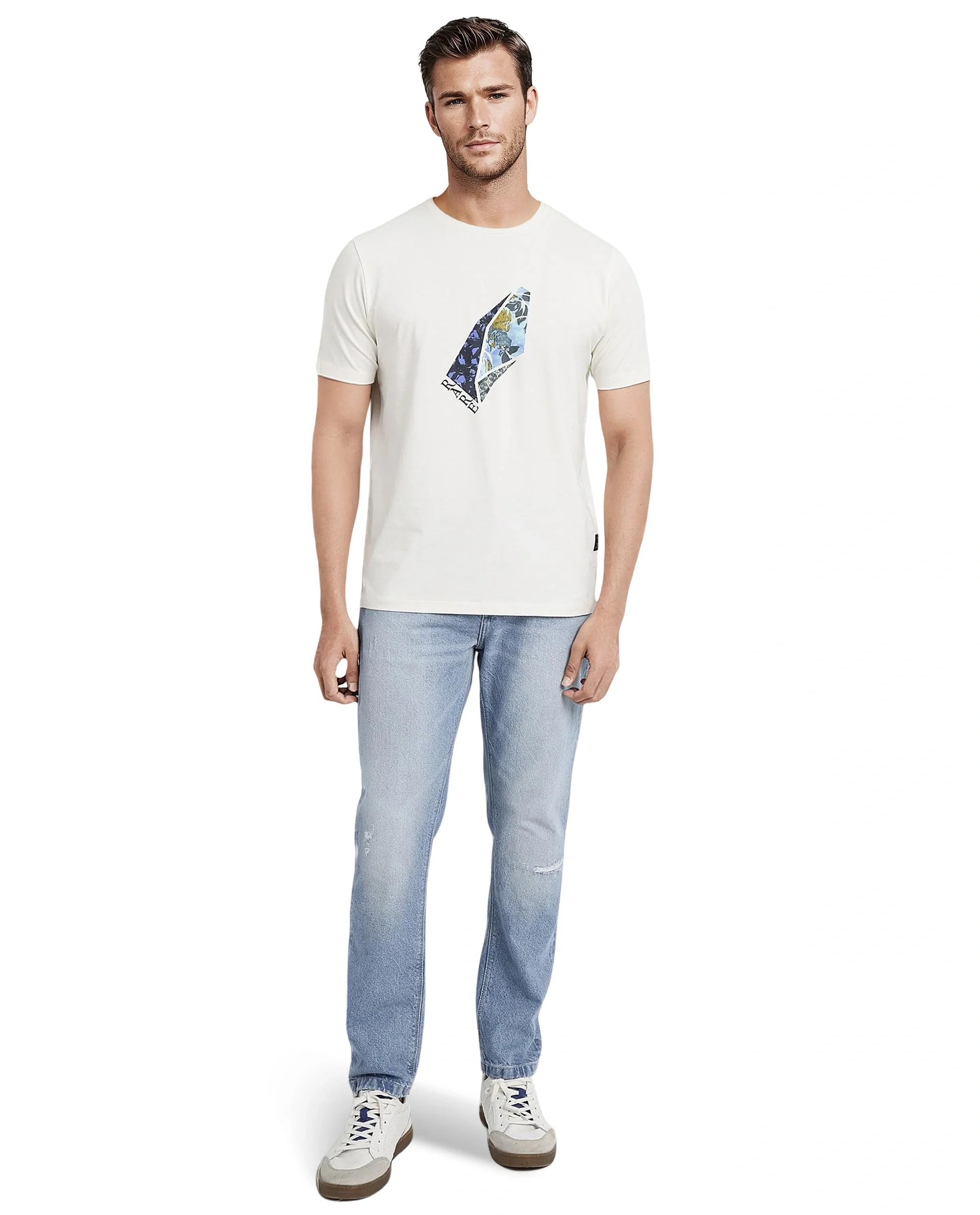 Rare Rabbit Men's Lason Off White Cotton Graphic Print Regular Fit Half Sleeve Crew Neck T-Shirt - Image 2