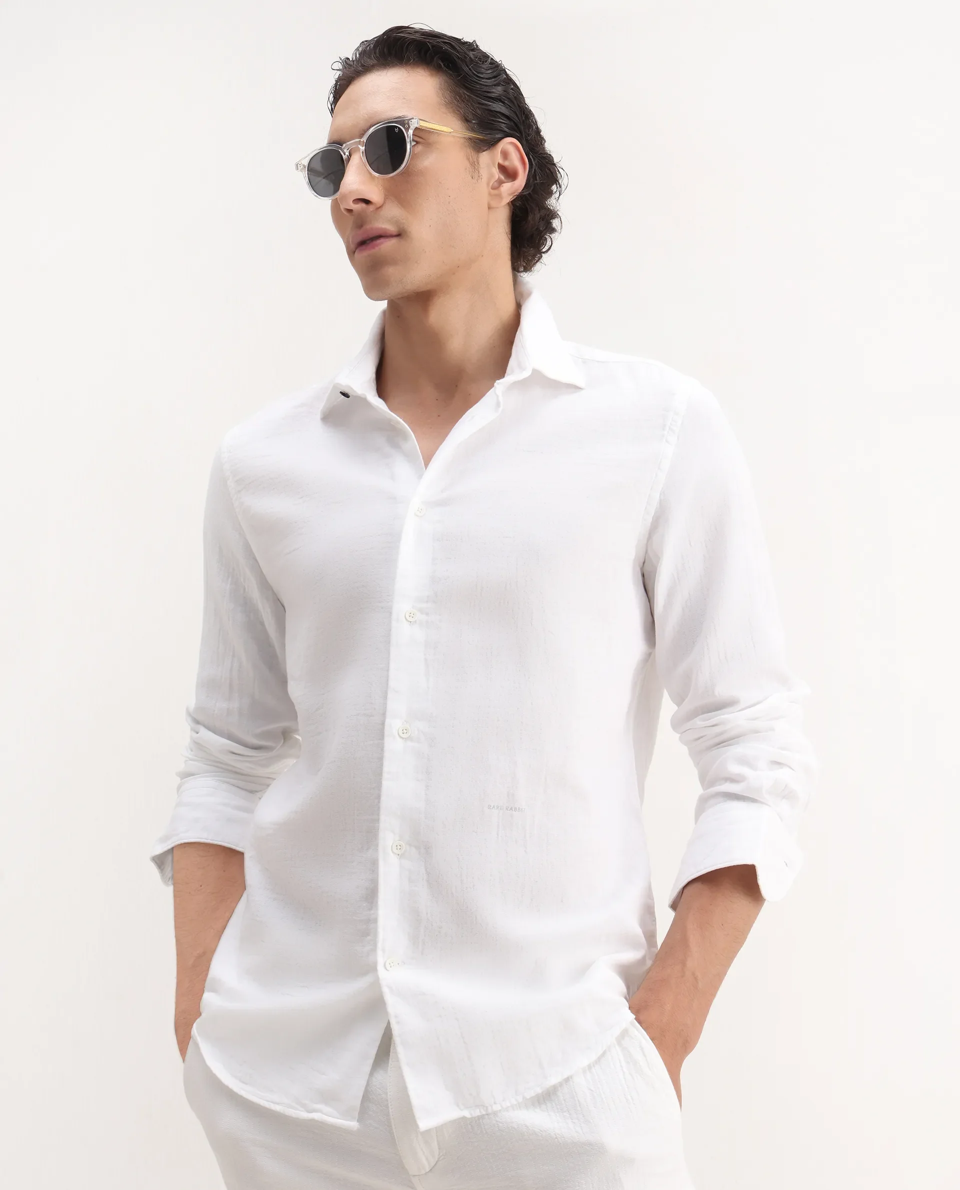 Rare Rabbit Men's Lassen Ls White Cotton Plain Relaxed Fit Full Sleeve Collared Shirt