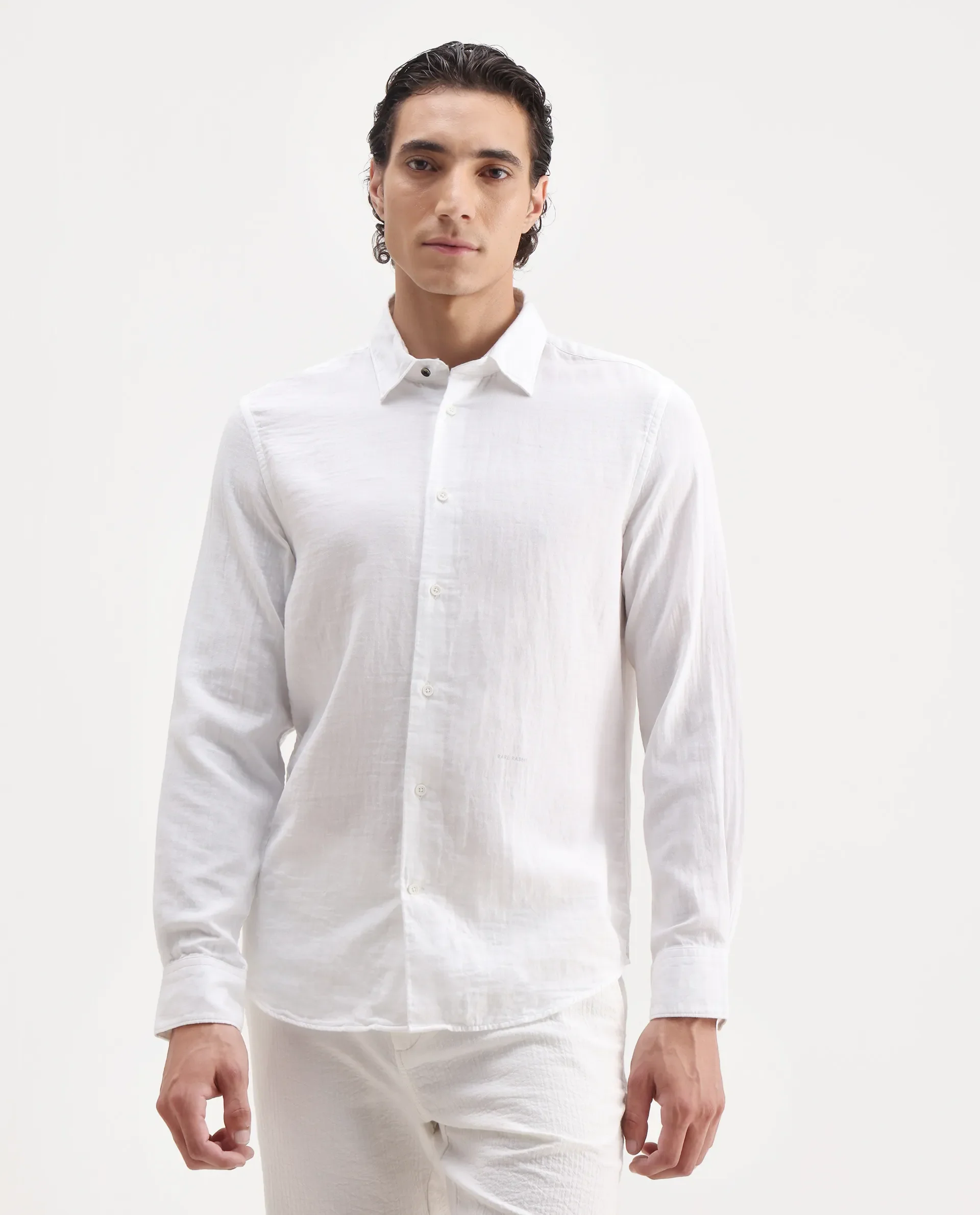Rare Rabbit Men's Lassen Ls White Cotton Plain Relaxed Fit Full Sleeve Collared Shirt - Image 4