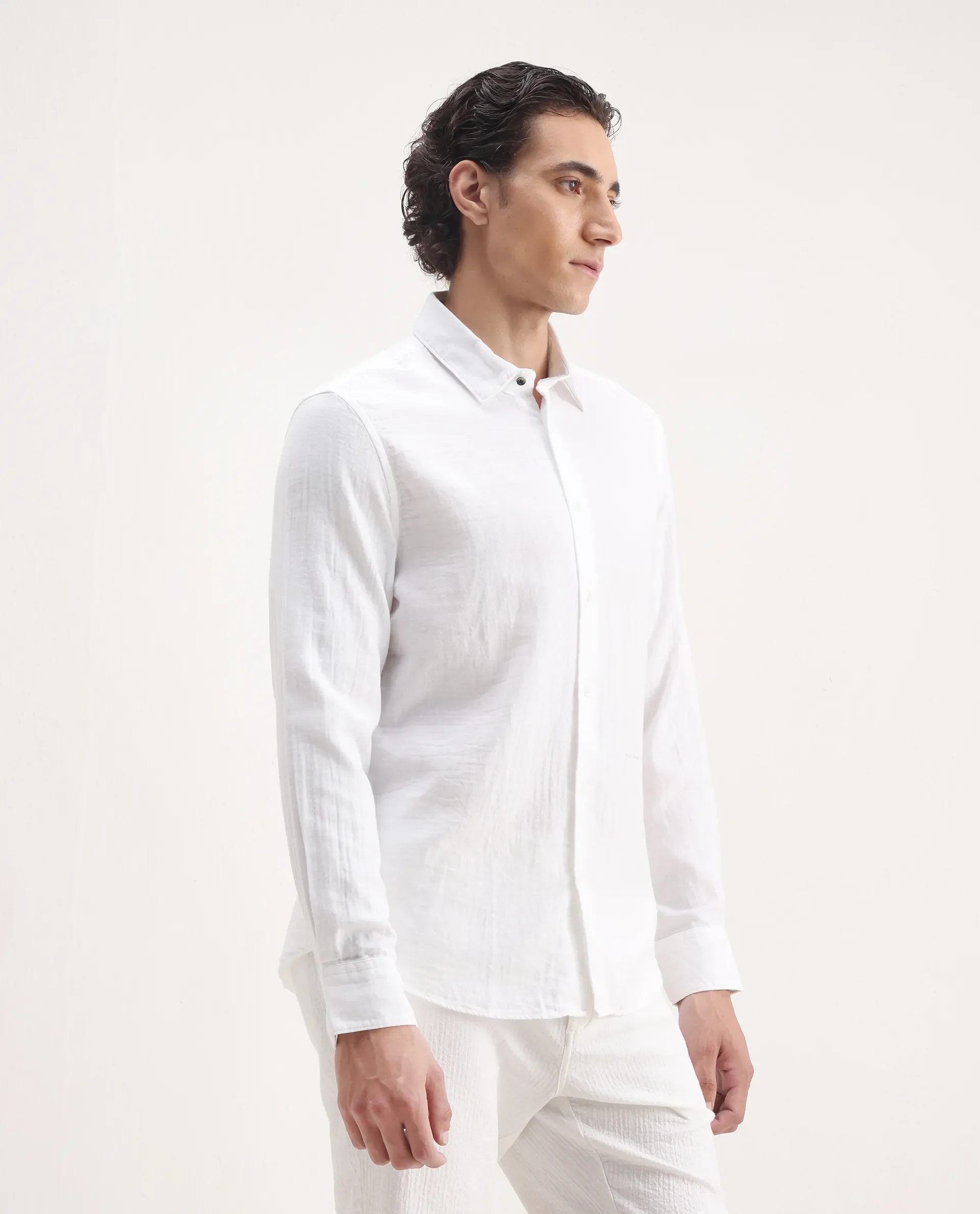 Rare Rabbit Men's Lassen Ls White Cotton Plain Relaxed Fit Full Sleeve Collared Shirt - Image 5