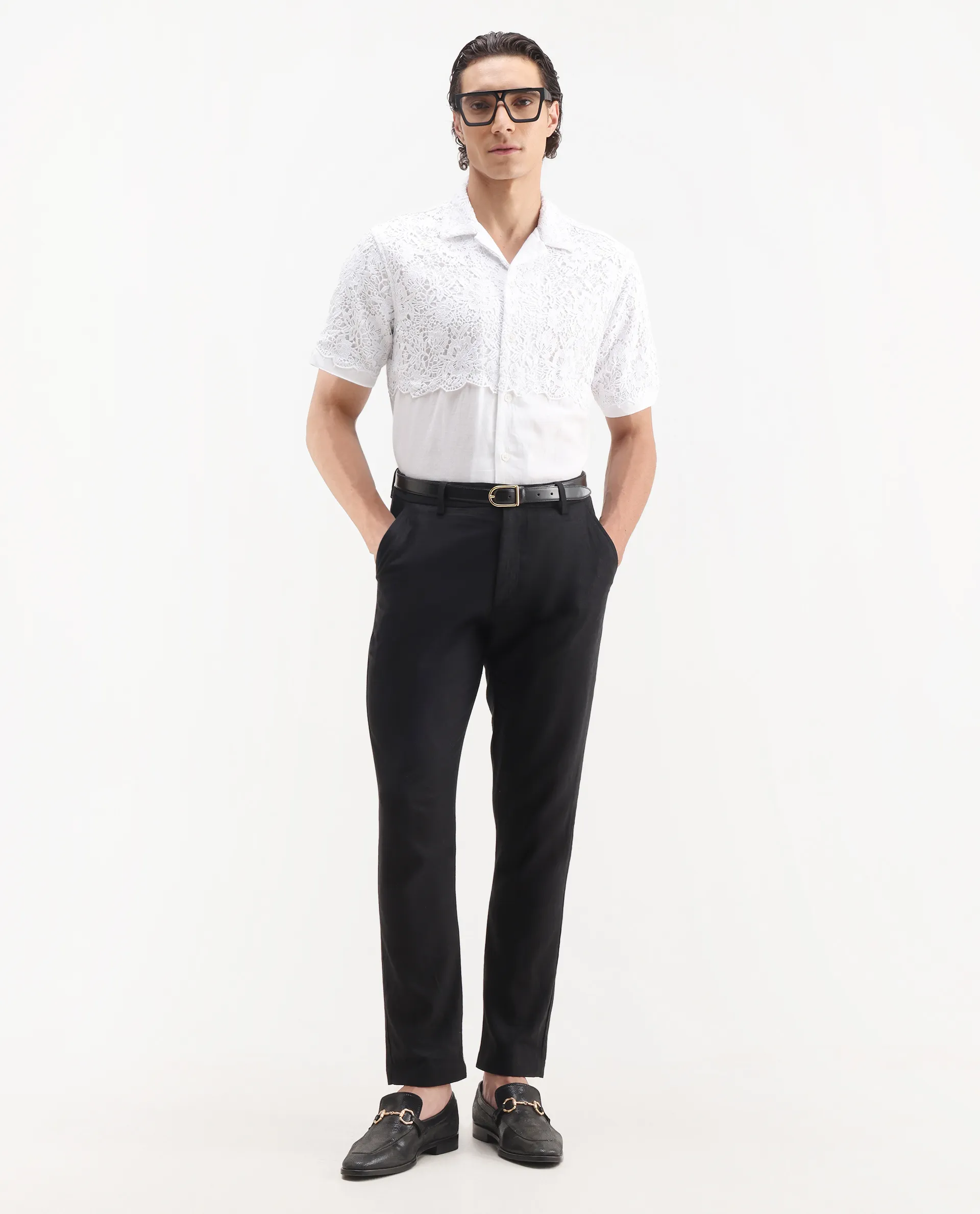 Rare Rabbit Men's Lassen White Cotton Embroidered Boxy Fit Half Sleeve Cuban Collar Shirt - Image 2
