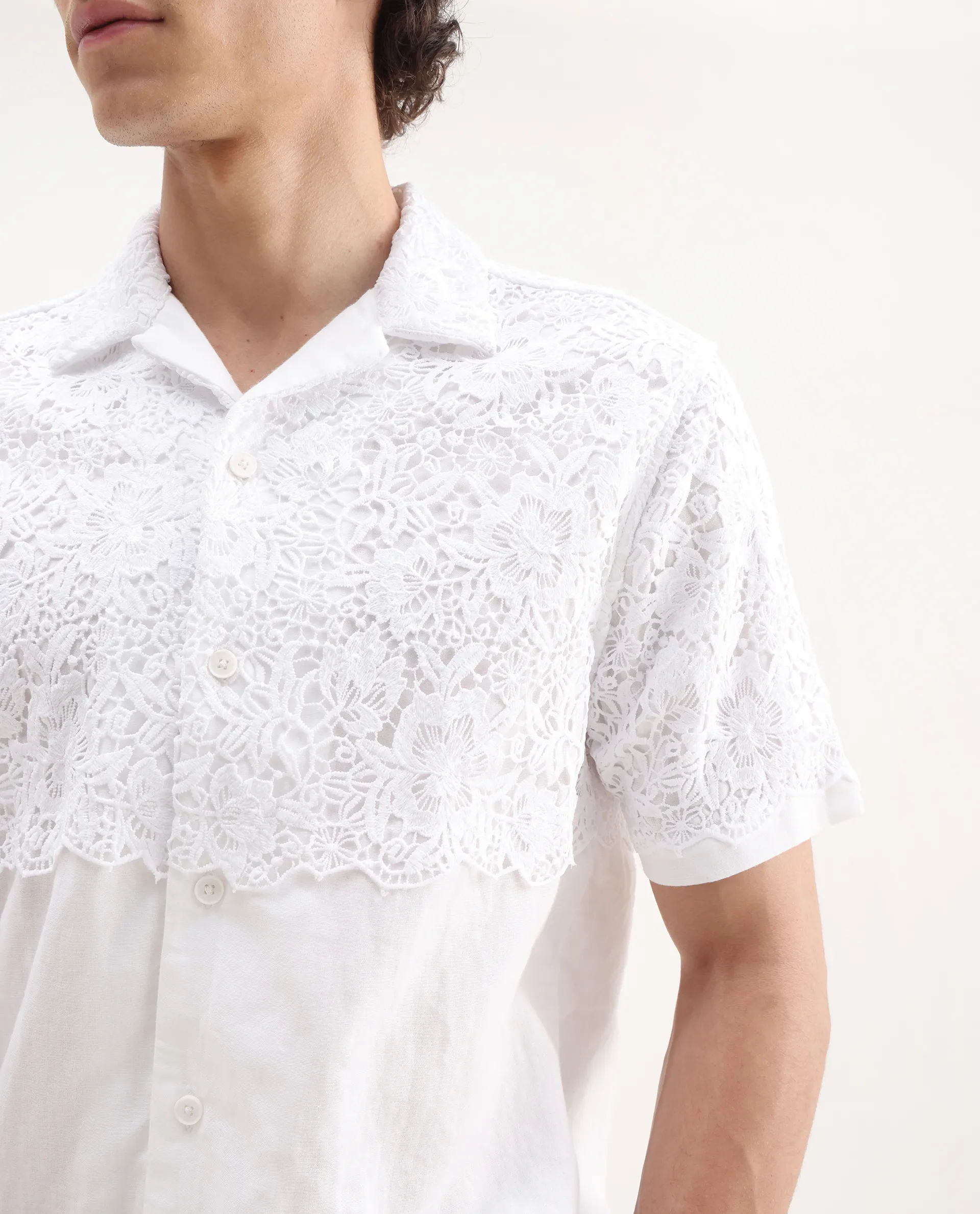 Rare Rabbit Men's Lassen White Cotton Embroidered Boxy Fit Half Sleeve Cuban Collar Shirt - Image 3