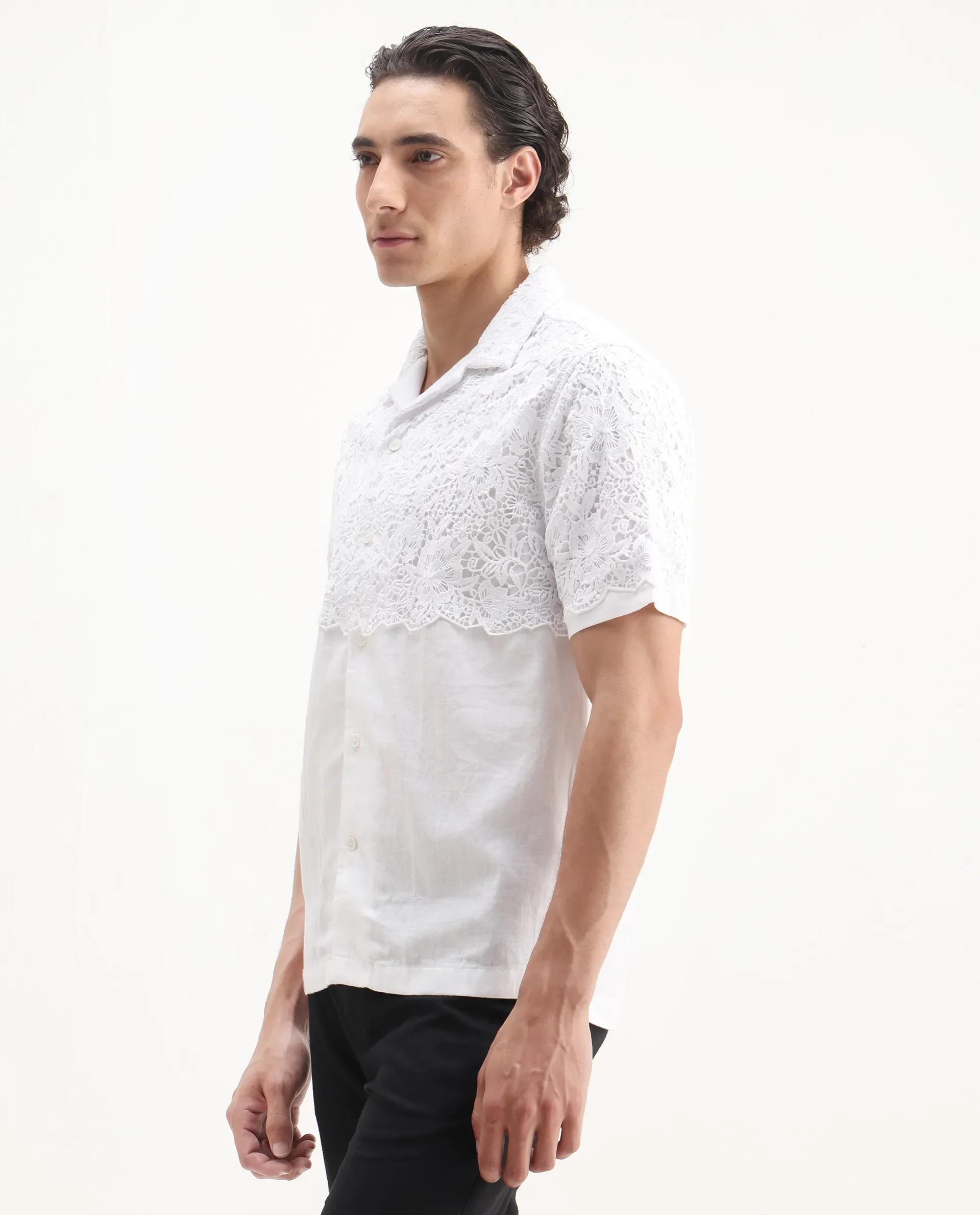 Rare Rabbit Men's Lassen White Cotton Embroidered Boxy Fit Half Sleeve Cuban Collar Shirt - Image 4
