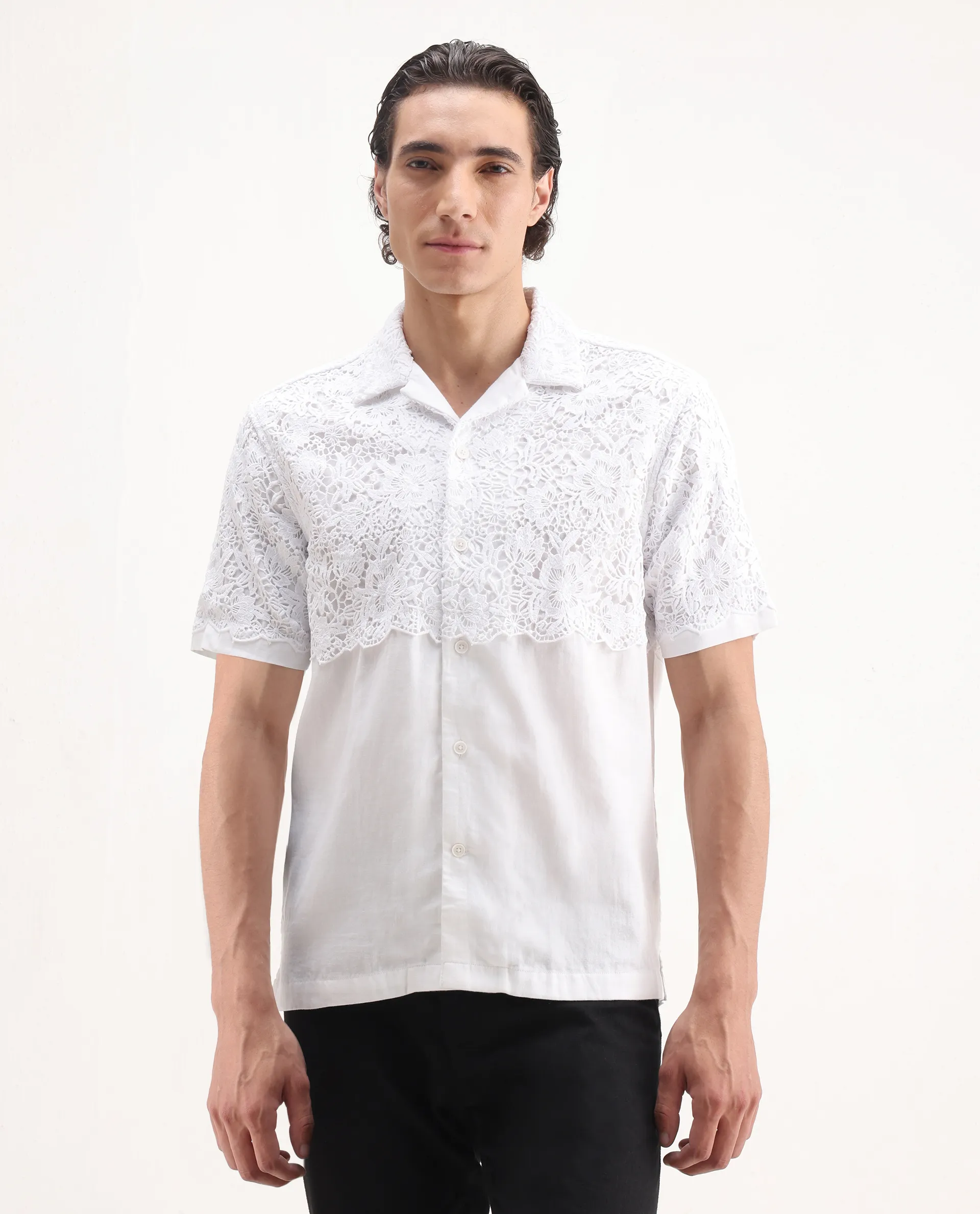 Rare Rabbit Men's Lassen White Cotton Embroidered Boxy Fit Half Sleeve Cuban Collar Shirt - Image 5