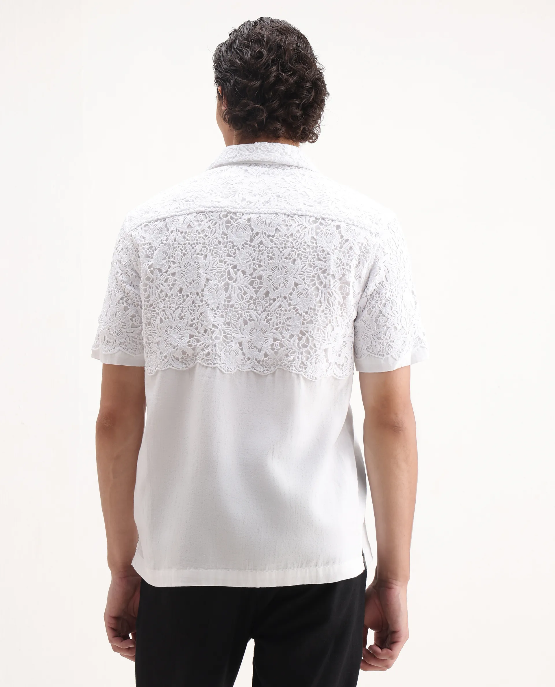 Rare Rabbit Men's Lassen White Cotton Embroidered Boxy Fit Half Sleeve Cuban Collar Shirt - Image 6