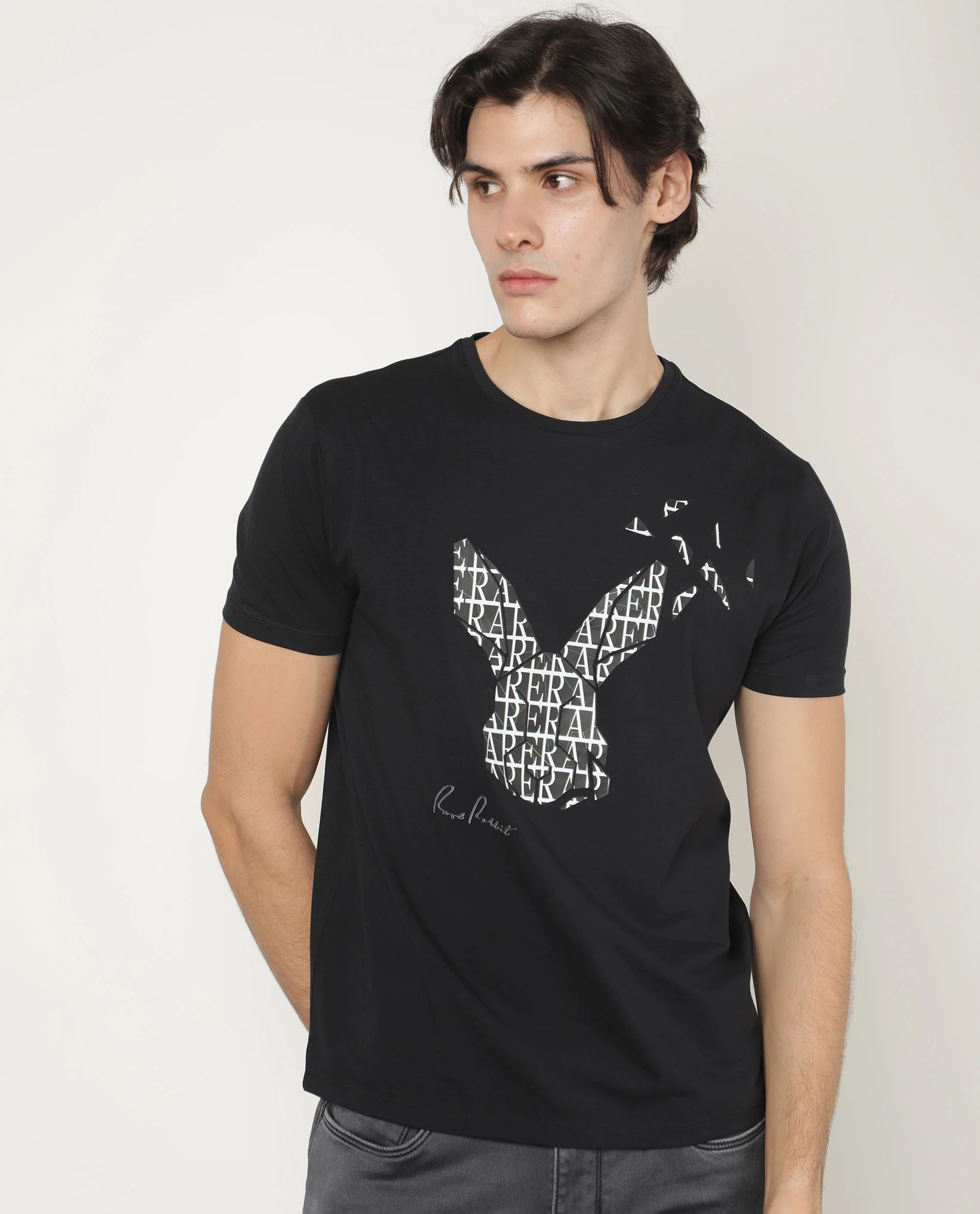 Rare Rabbit Men's Lassoo Grey Cotton Graphic Print Slim Fit Half Sleeve Crew Neck T-Shirt - Image 2