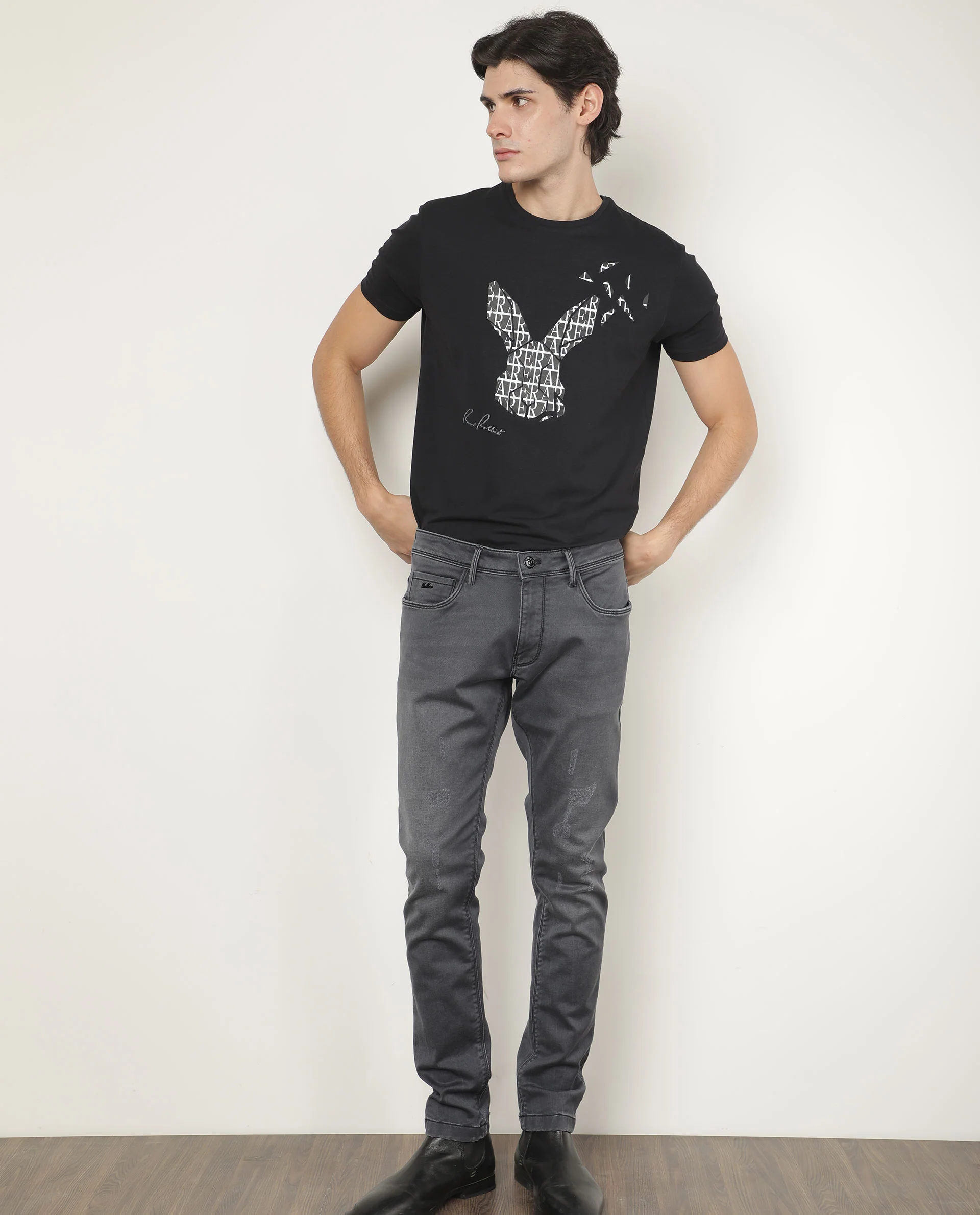 Rare Rabbit Men's Lassoo Grey Cotton Graphic Print Slim Fit Half Sleeve Crew Neck T-Shirt - Image 3