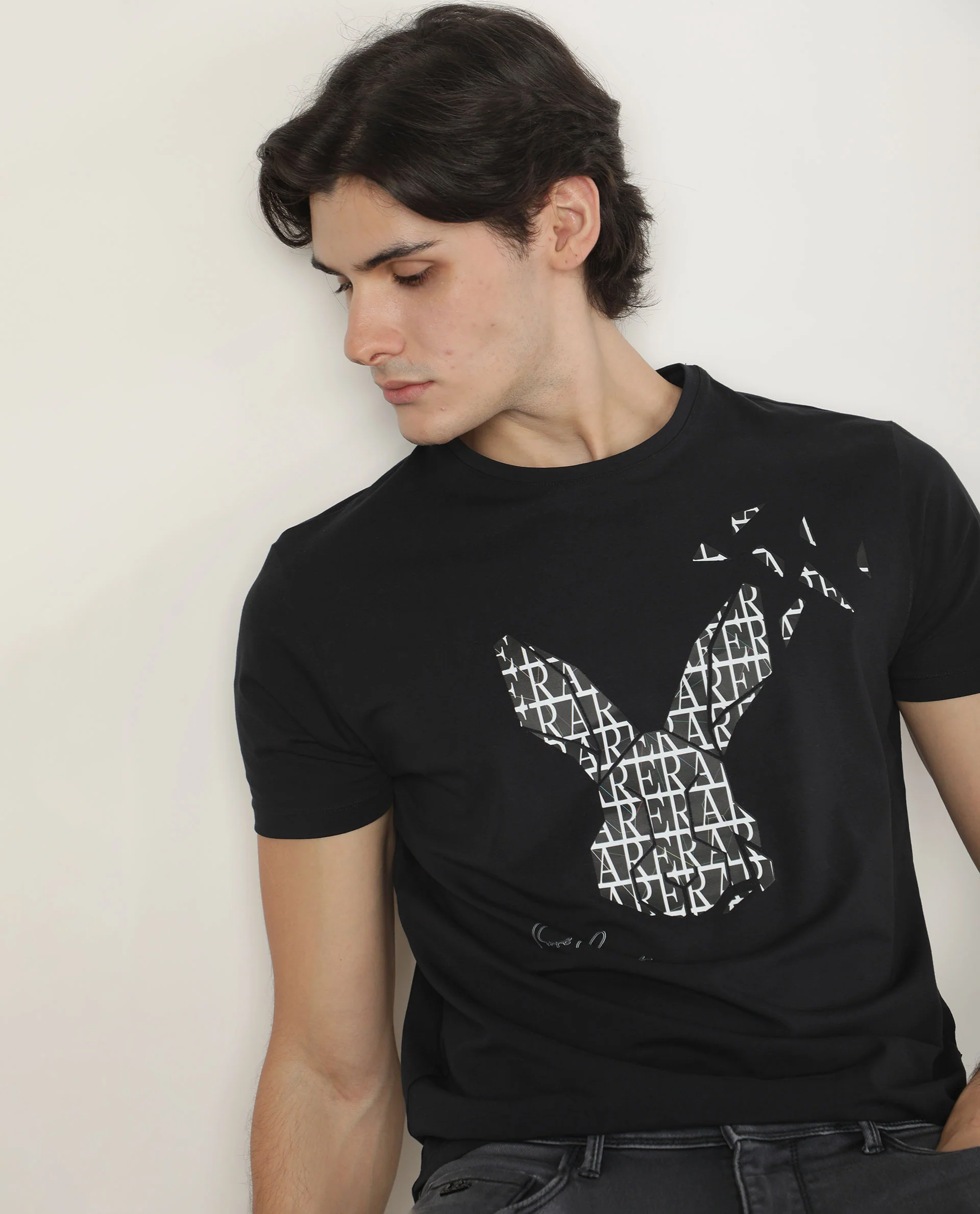 Rare Rabbit Men's Lassoo Grey Cotton Graphic Print Slim Fit Half Sleeve Crew Neck T-Shirt - Image 4