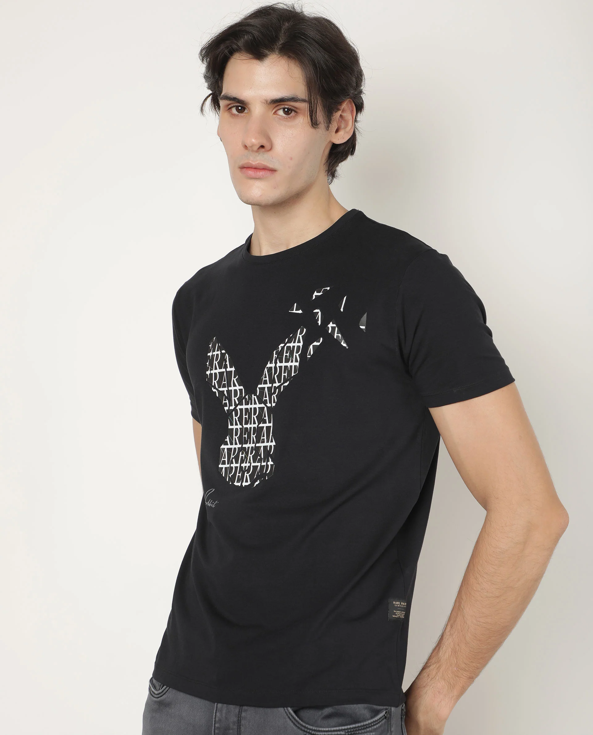 Rare Rabbit Men's Lassoo Grey Cotton Graphic Print Slim Fit Half Sleeve Crew Neck T-Shirt - Image 5