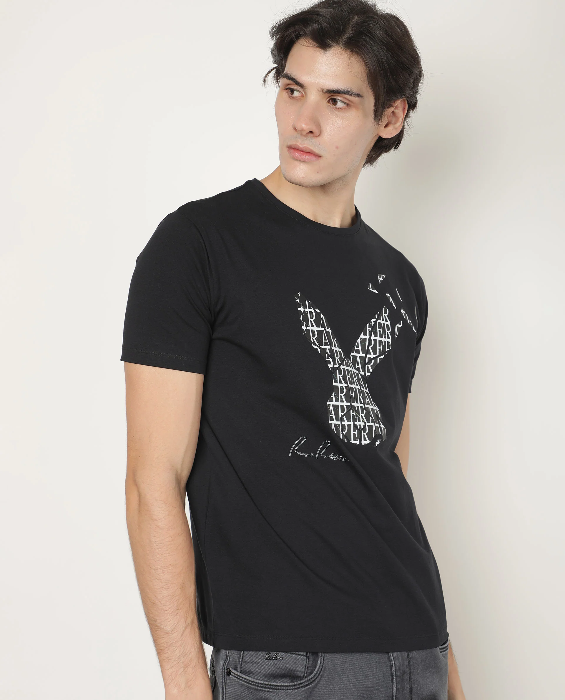 Rare Rabbit Men's Lassoo Grey Cotton Graphic Print Slim Fit Half Sleeve Crew Neck T-Shirt - Image 6