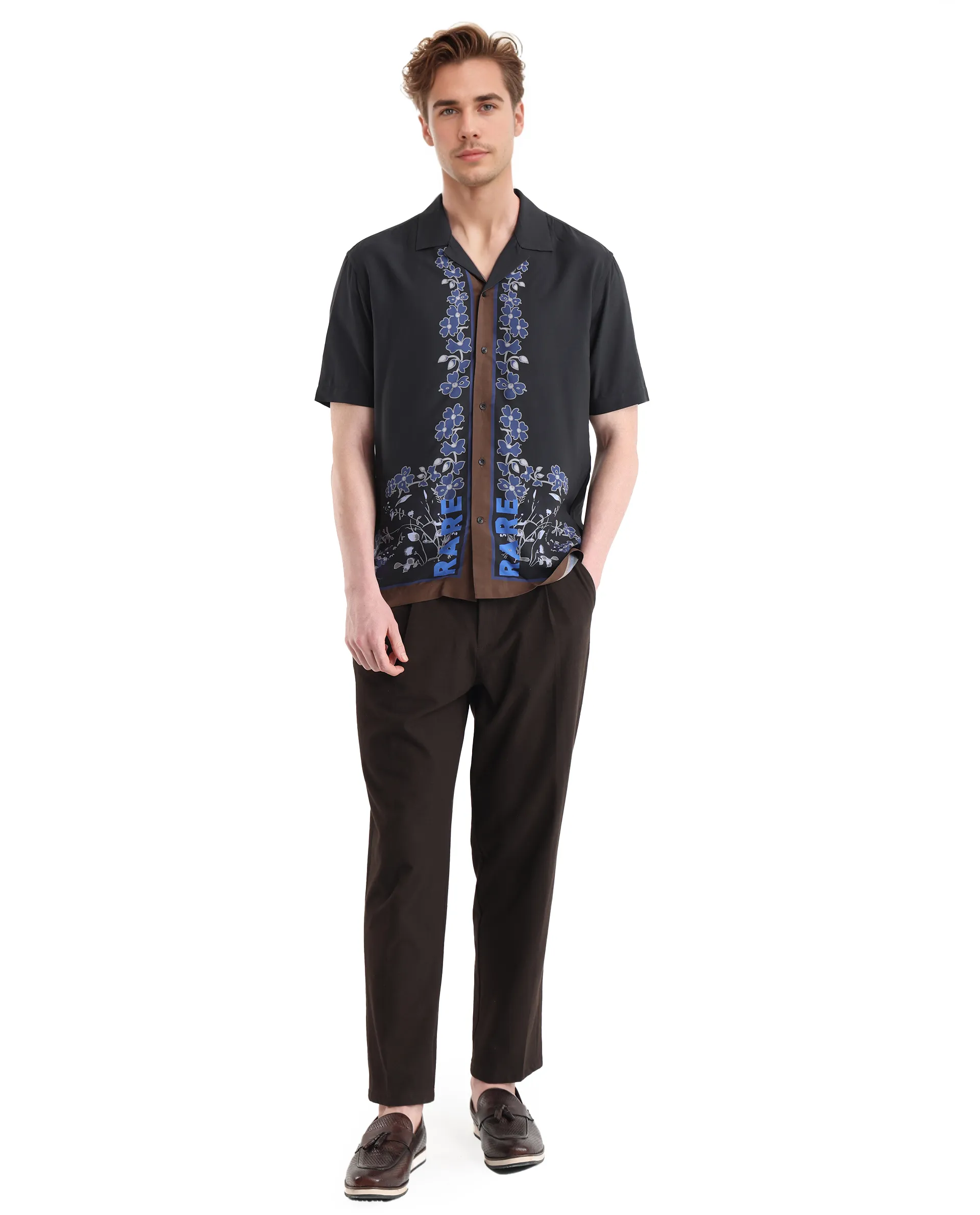 Rare Rabbit Men's Lato Black Viscose Floral Print Boxy Fit Half Sleeve Cuban Collar Shirt - Image 2