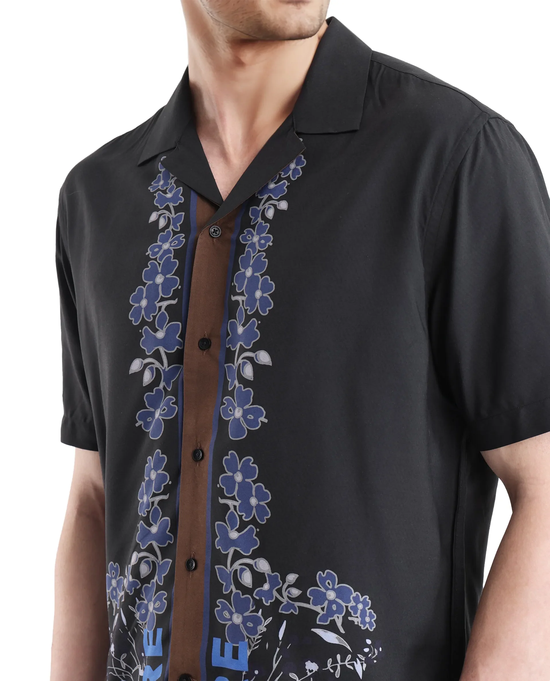 Rare Rabbit Men's Lato Black Viscose Floral Print Boxy Fit Half Sleeve Cuban Collar Shirt - Image 3
