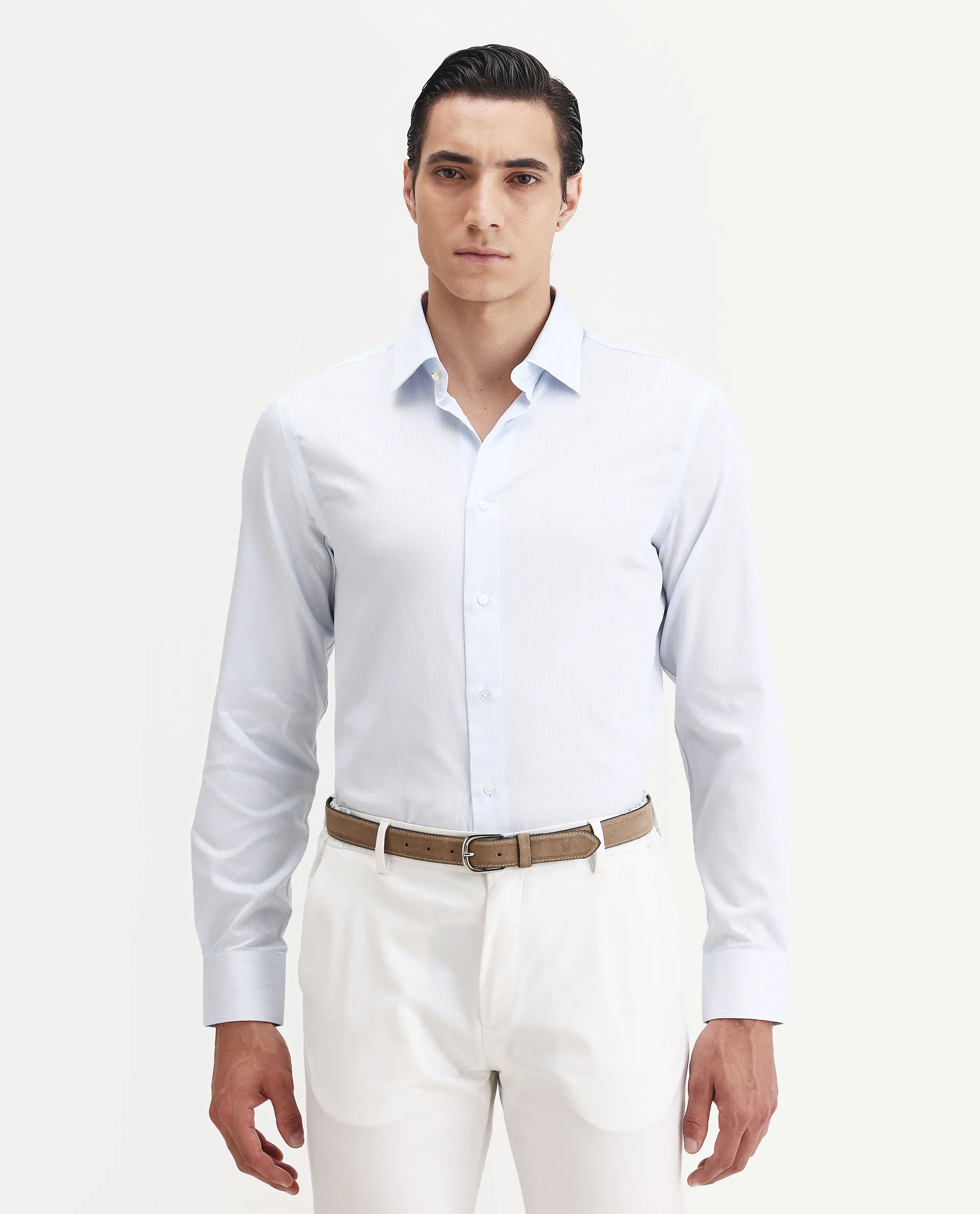 Rare Rabbit Men's Latter Light Blue Cotton Plain Regular Fit Full Sleeve Collared Shirt