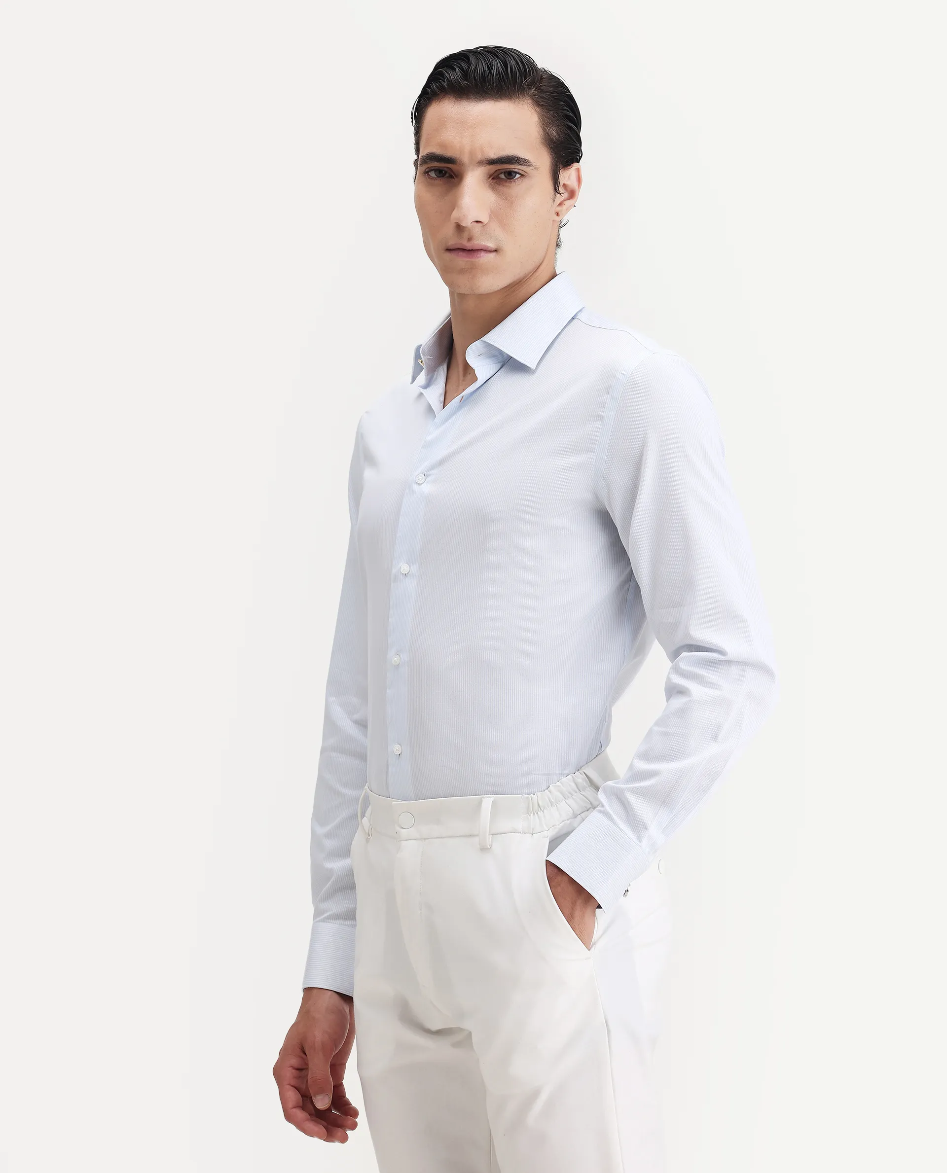Rare Rabbit Men's Latter Light Blue Cotton Plain Regular Fit Full Sleeve Collared Shirt - Image 6