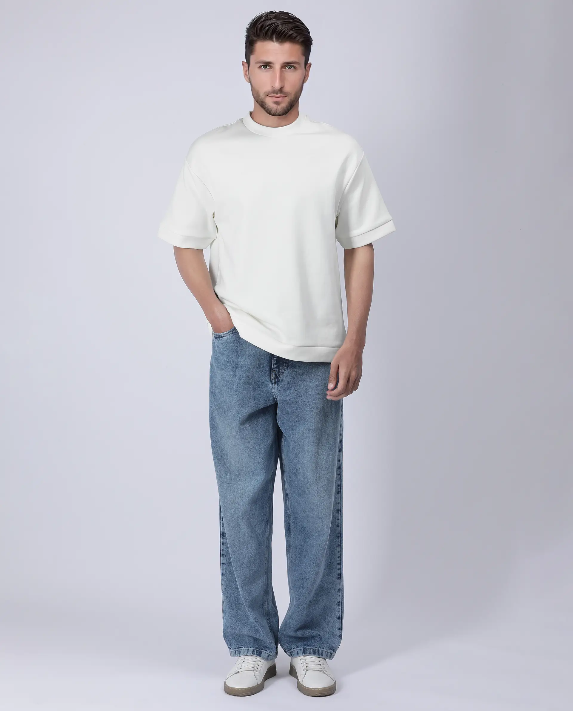 Rare Rabbit Men's Lauch Off White Cotton Blend Plain Oversized Fit Half Sleeve Crew Neck T-Shirt - Image 2