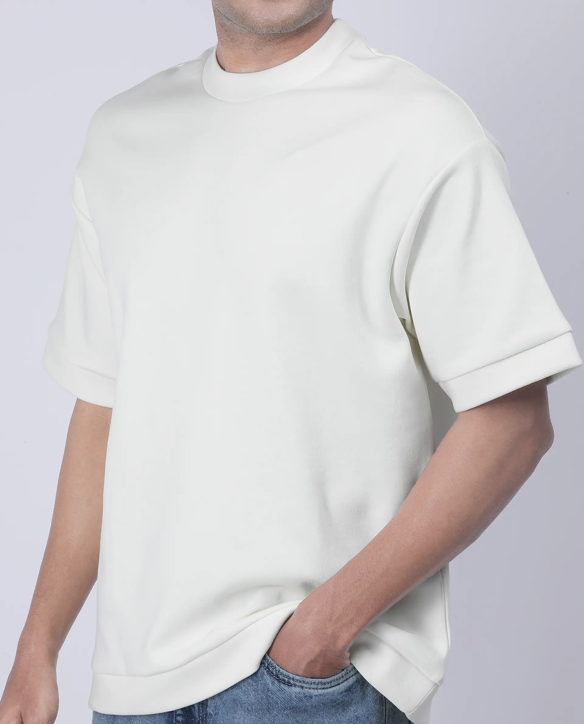 Rare Rabbit Men's Lauch Off White Cotton Blend Plain Oversized Fit Half Sleeve Crew Neck T-Shirt - Image 3
