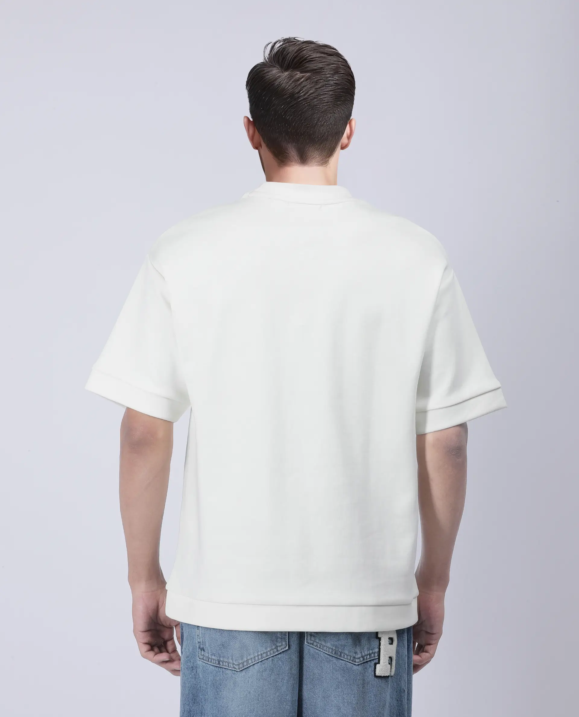 Rare Rabbit Men's Lauch Off White Cotton Blend Plain Oversized Fit Half Sleeve Crew Neck T-Shirt - Image 4