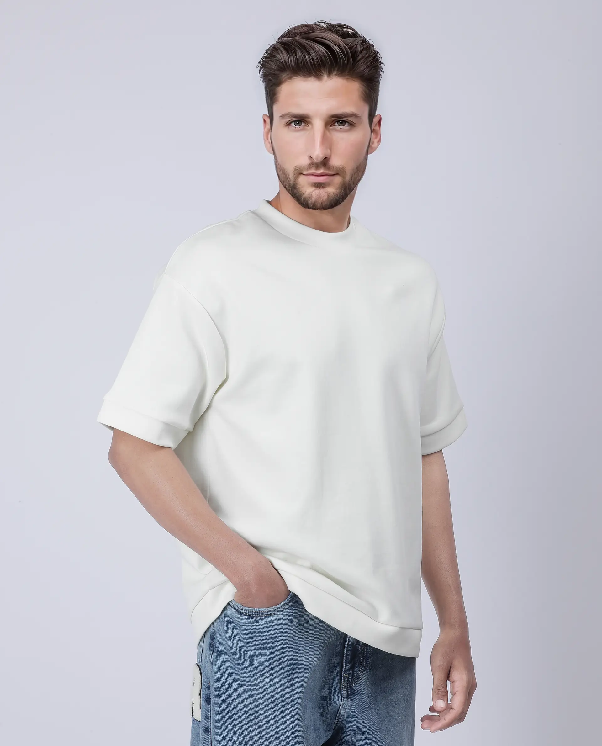 Rare Rabbit Men's Lauch Off White Cotton Blend Plain Oversized Fit Half Sleeve Crew Neck T-Shirt - Image 5