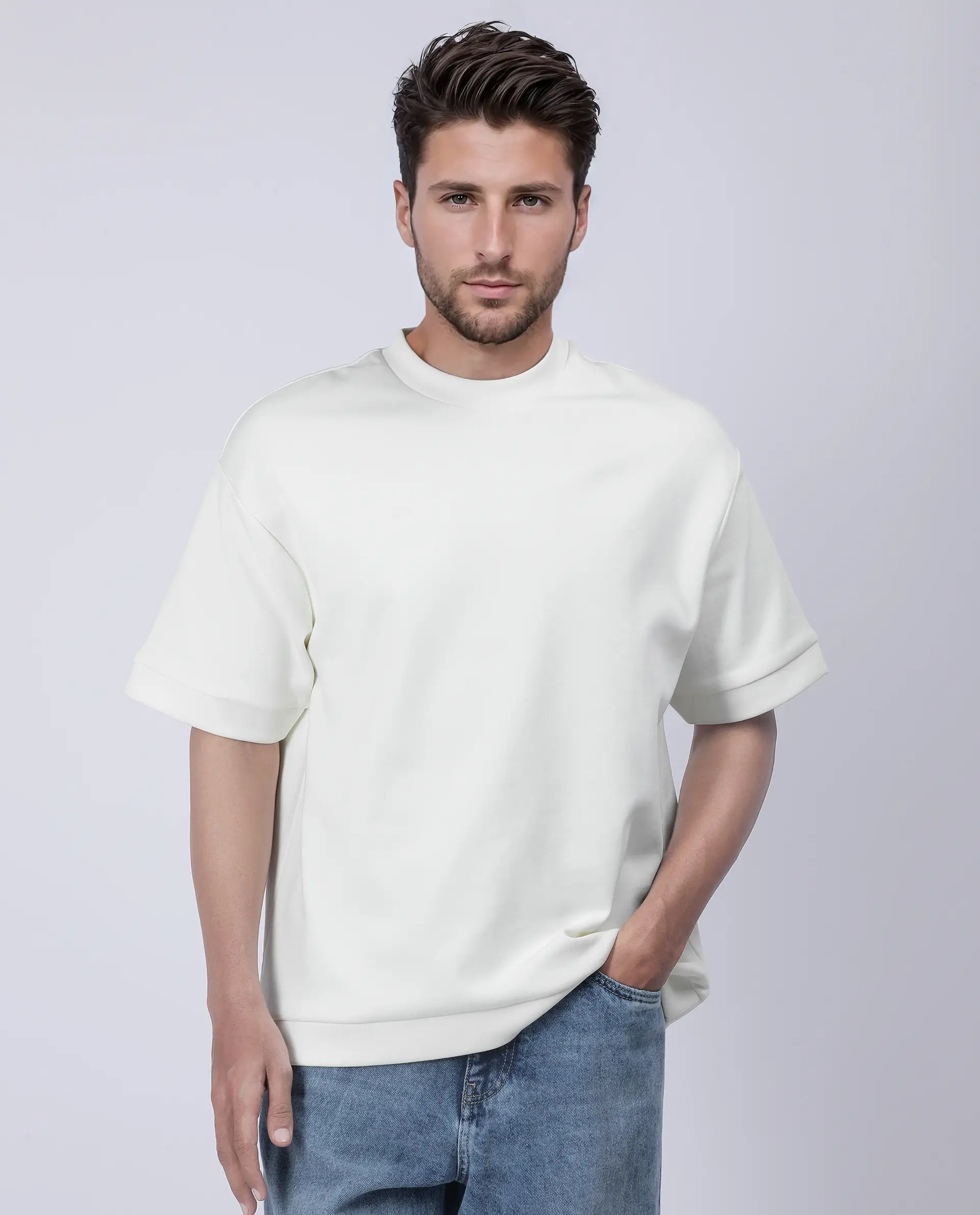 Rare Rabbit Men's Lauch Off White Cotton Blend Plain Oversized Fit Half Sleeve Crew Neck T-Shirt - Image 7